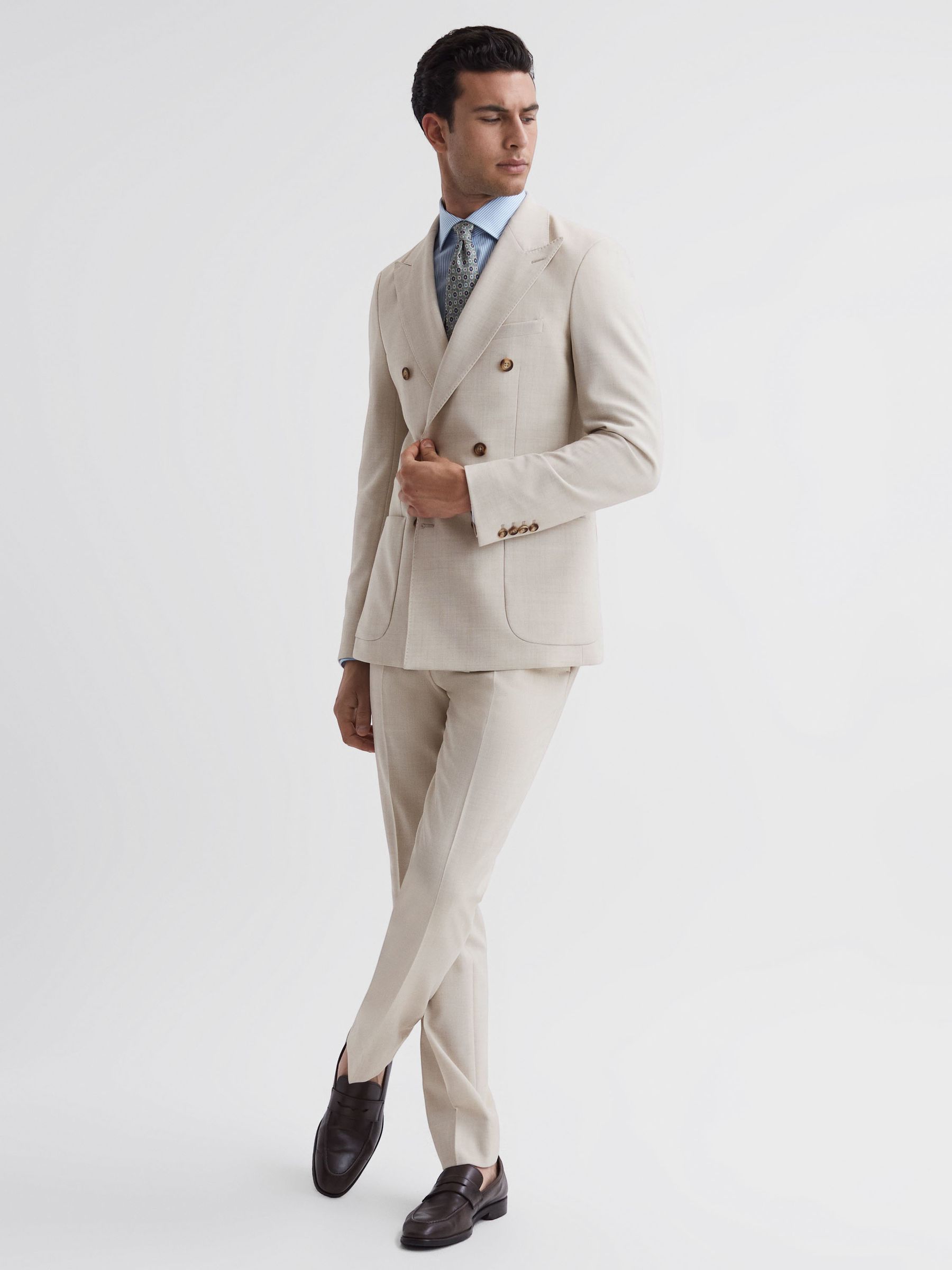 Slim Fit Double Breasted Wool Blend Blazer in Stone - Image 3 of 8