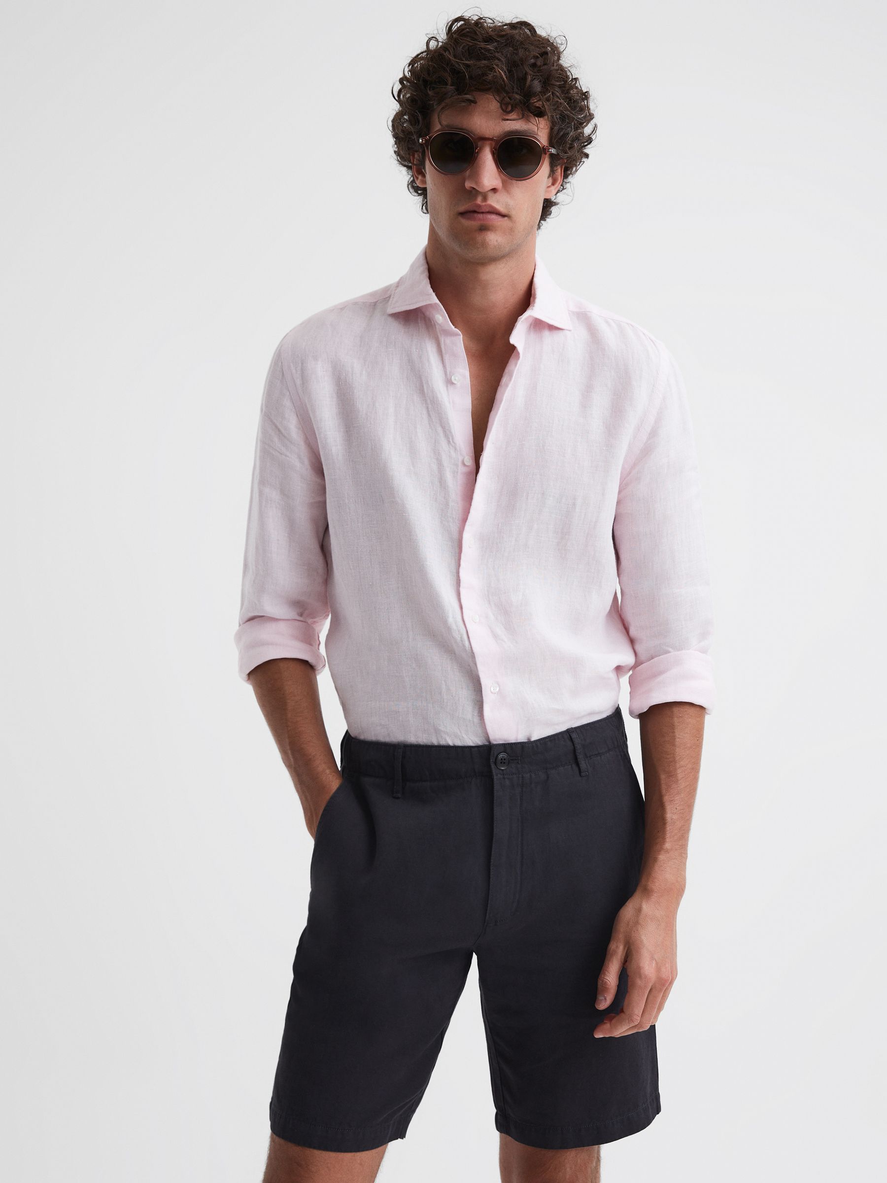 Cotton-Linen Blend Shorts in Navy - Image 1 of 5 Cotton-Linen Blend Shorts in Navy - Image 1 of 5