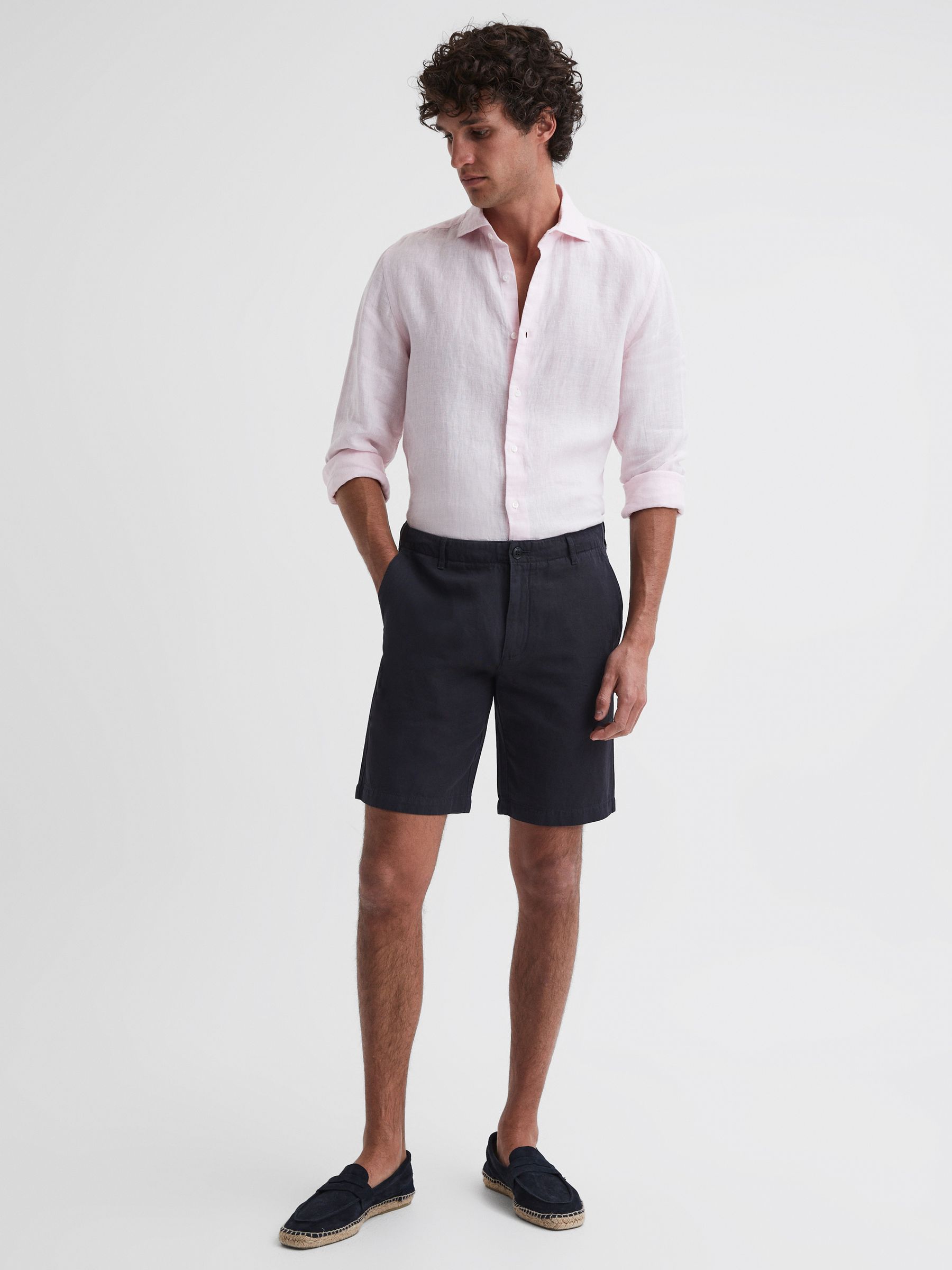 Cotton-Linen Blend Shorts in Navy - Image 3 of 5