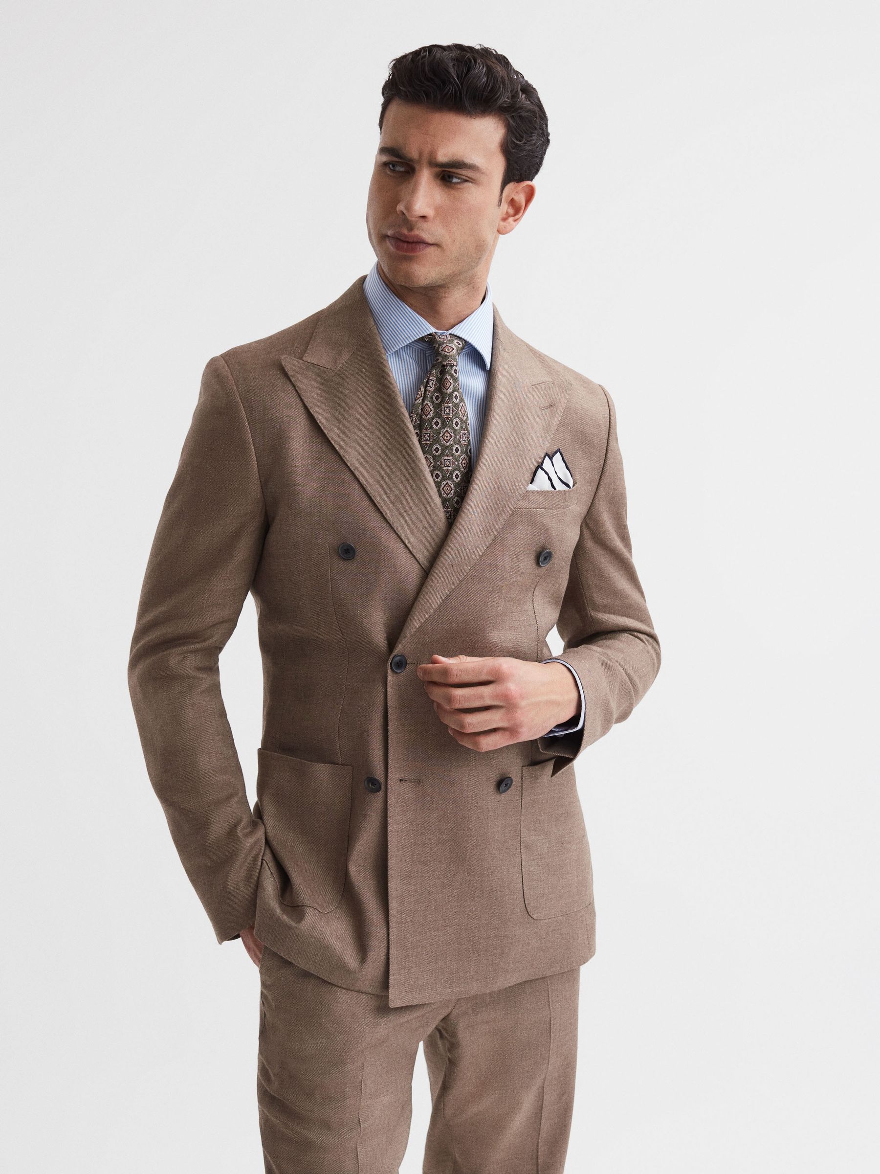 Slim Fit Double Breasted Twill Blazer in Tobacco - Image 1 of 7