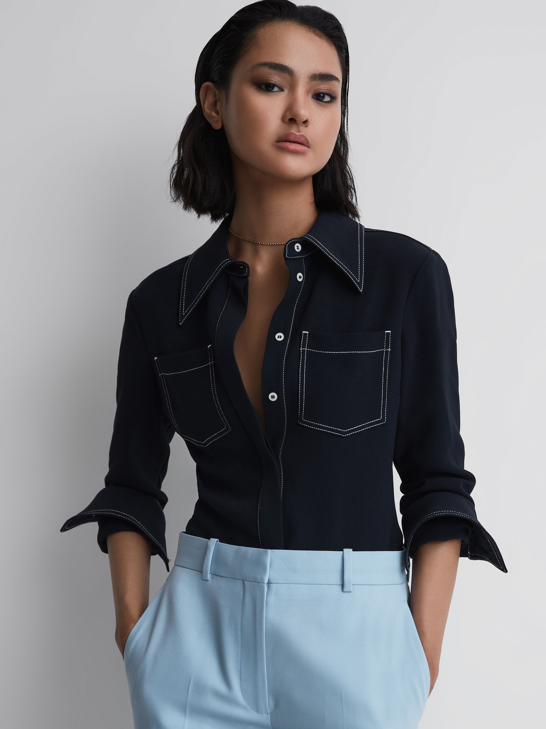Premium Stitch Detail Fitted Shirt in Navy - Image 1 of 5