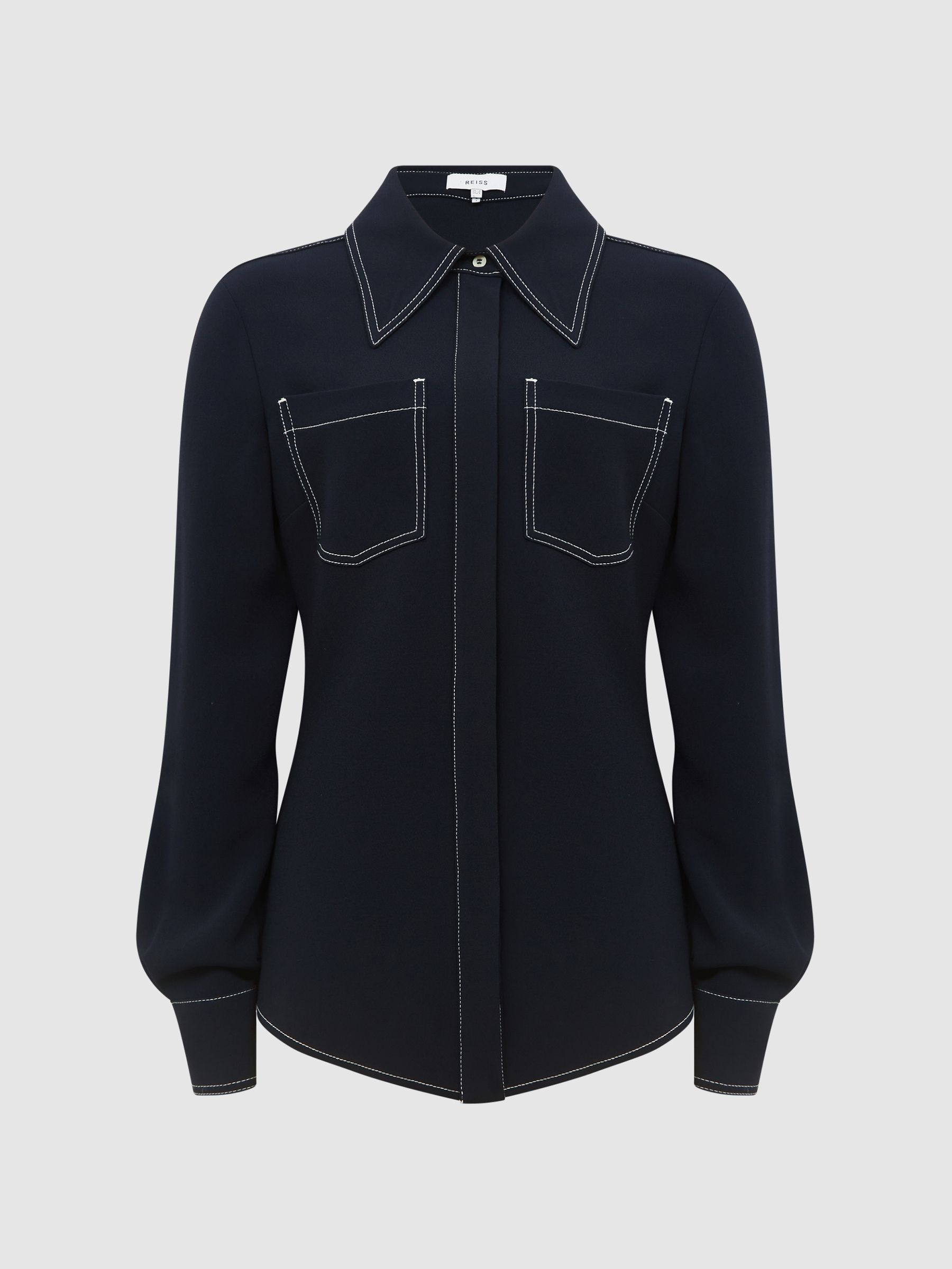 Premium Stitch Detail Fitted Shirt in Navy - Image 2 of 5