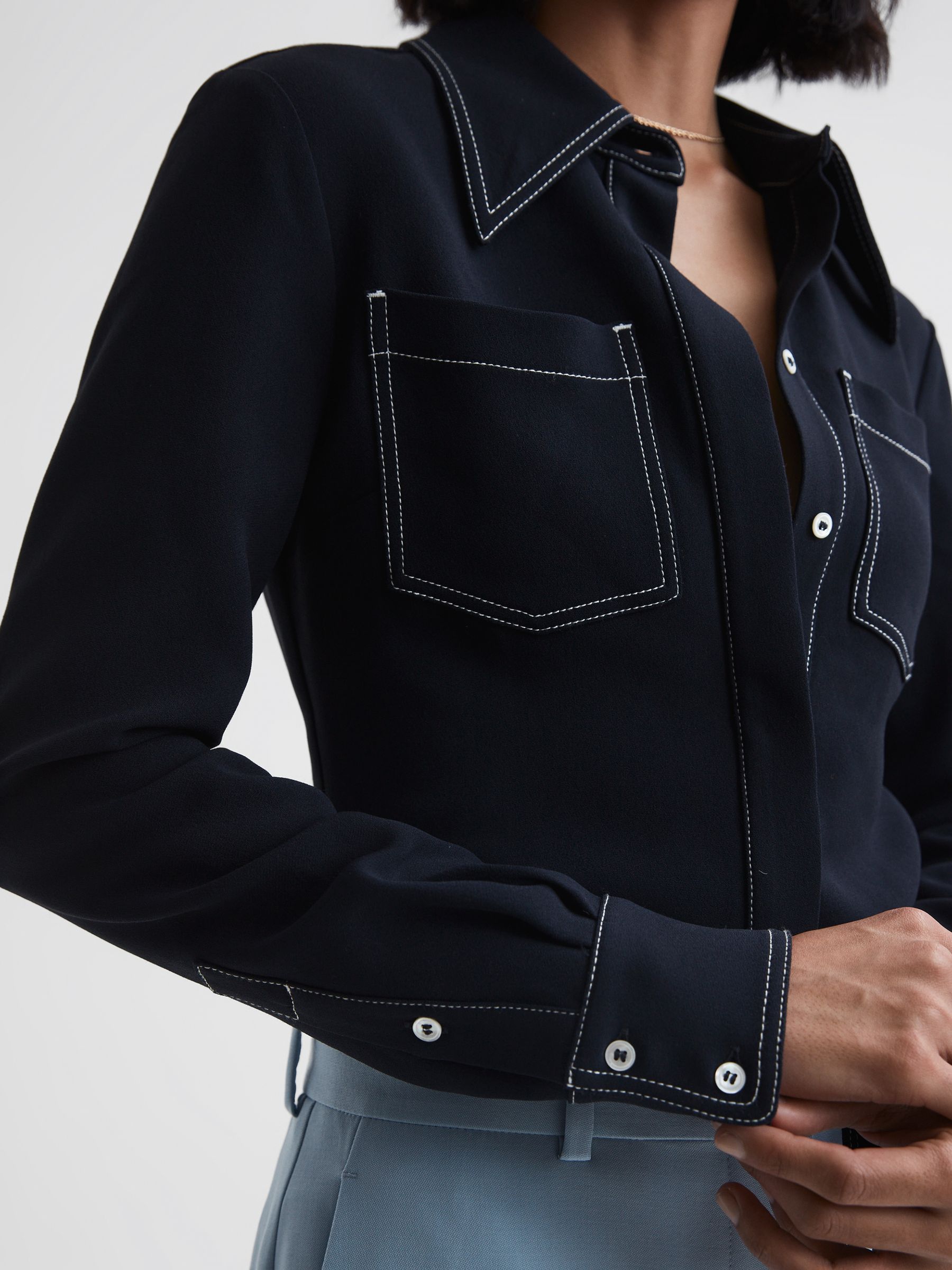 Premium Stitch Detail Fitted Shirt in Navy - Image 3 of 5