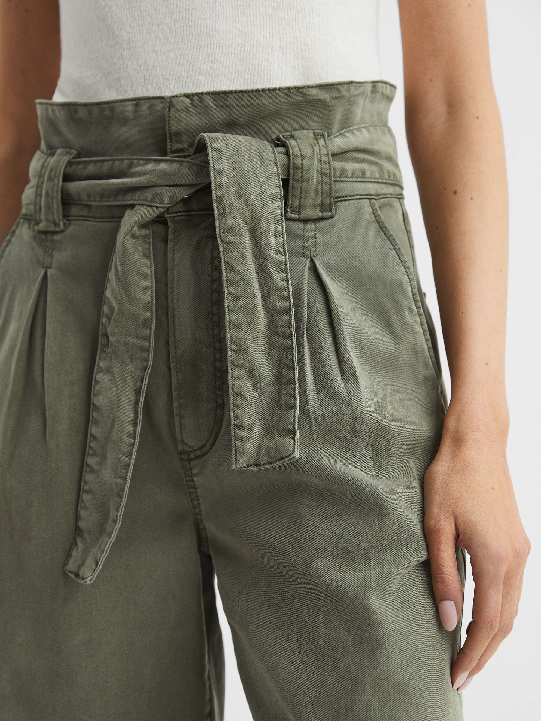 Paige High Rise Paper Bag Trousers in Vintage Ivy Green - Image 4 of 7