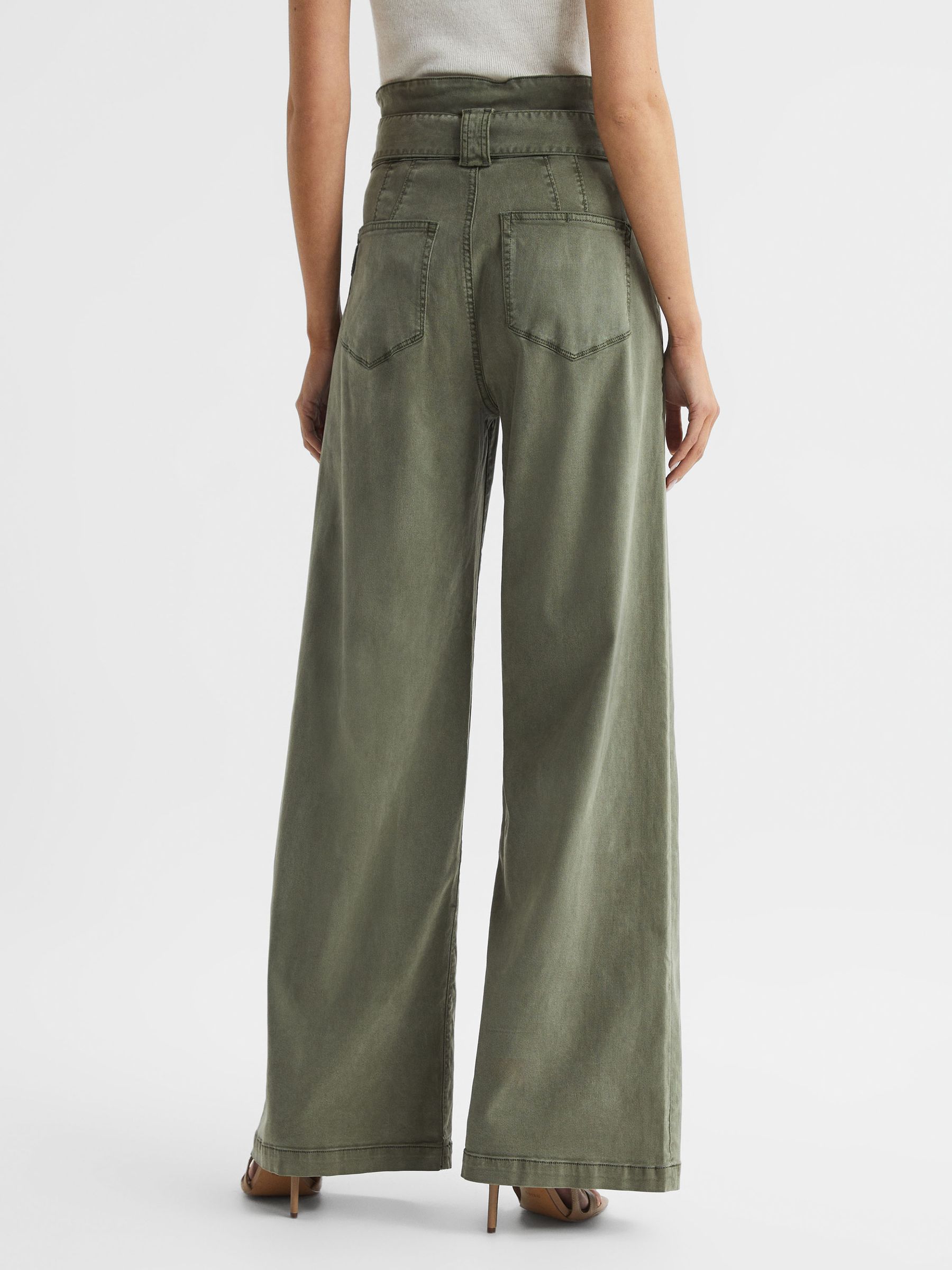 Paige High Rise Paper Bag Trousers in Vintage Ivy Green - Image 5 of 7