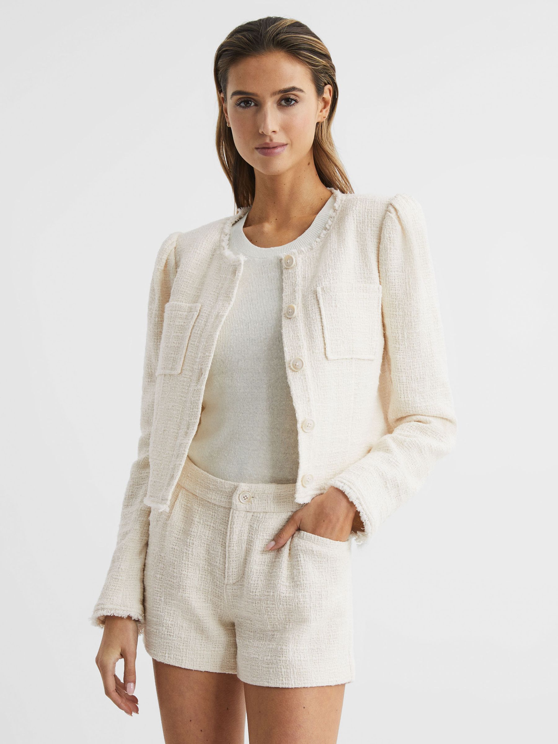 Paige Frayed Textured Jacket in Cream - Image 1 of 6