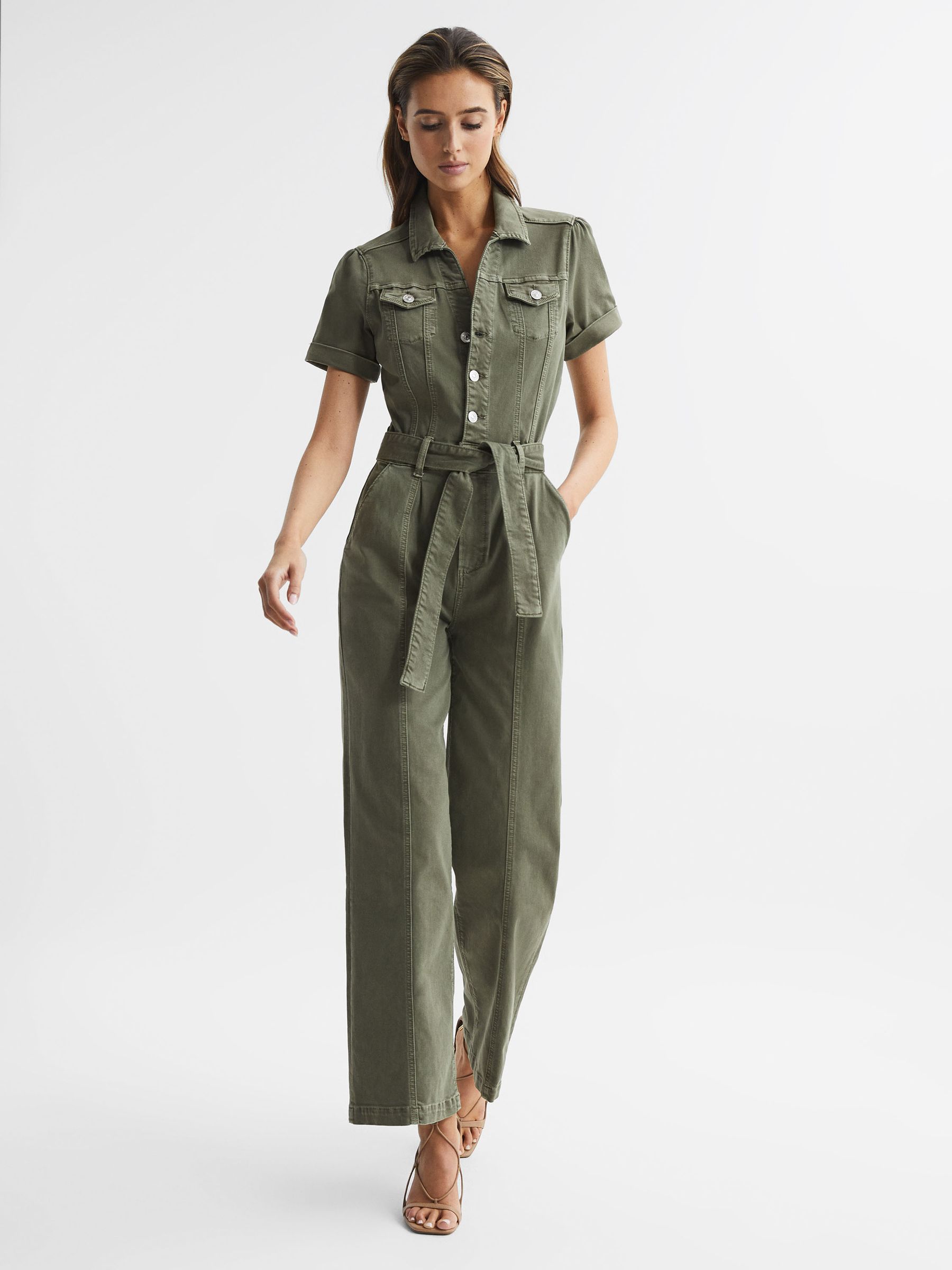 Paige Belted Jumpsuit in Vintage Ivy Green - Image 1 of 9
