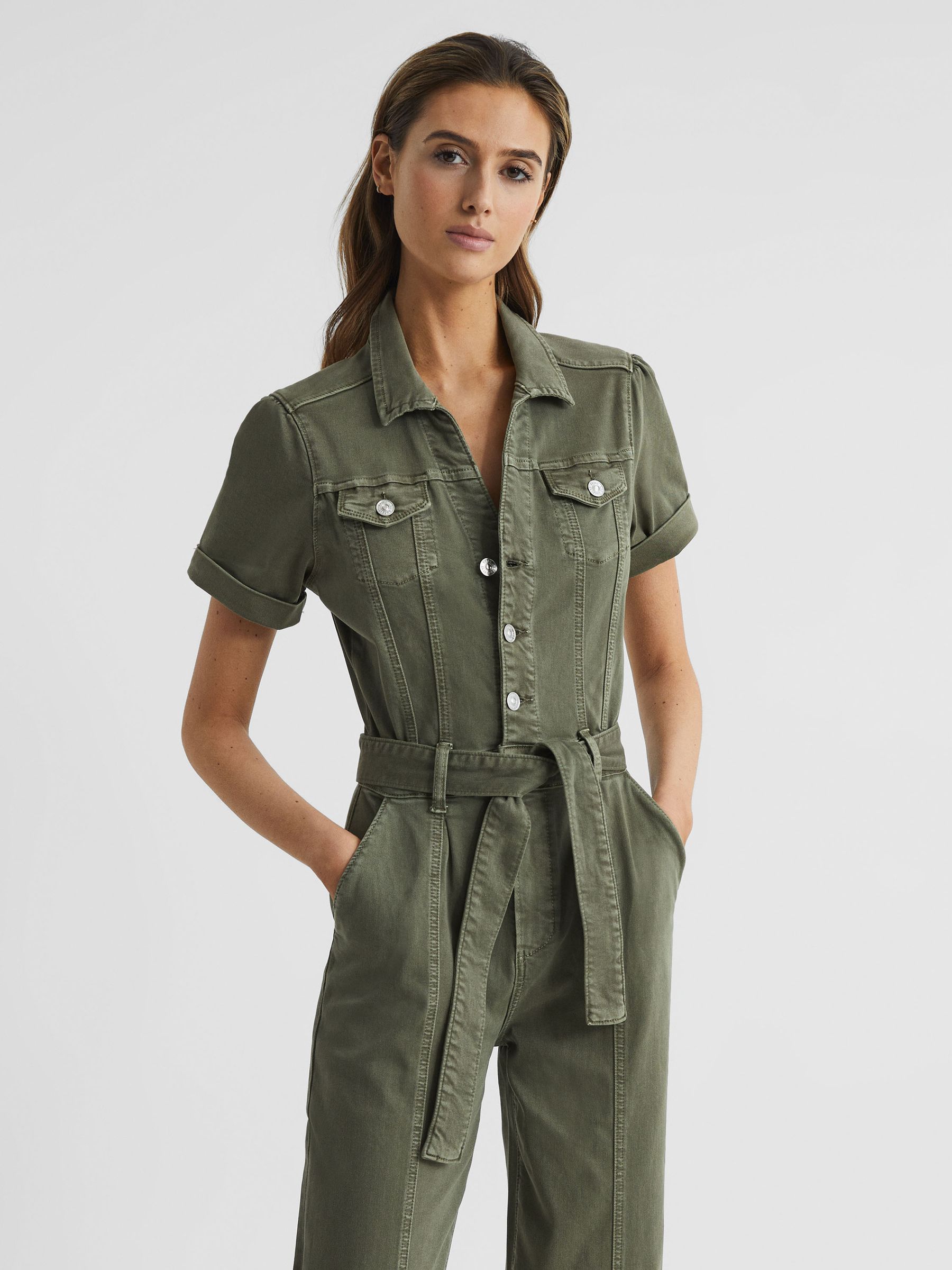 Paige Belted Jumpsuit in Vintage Ivy Green - Image 3 of 9