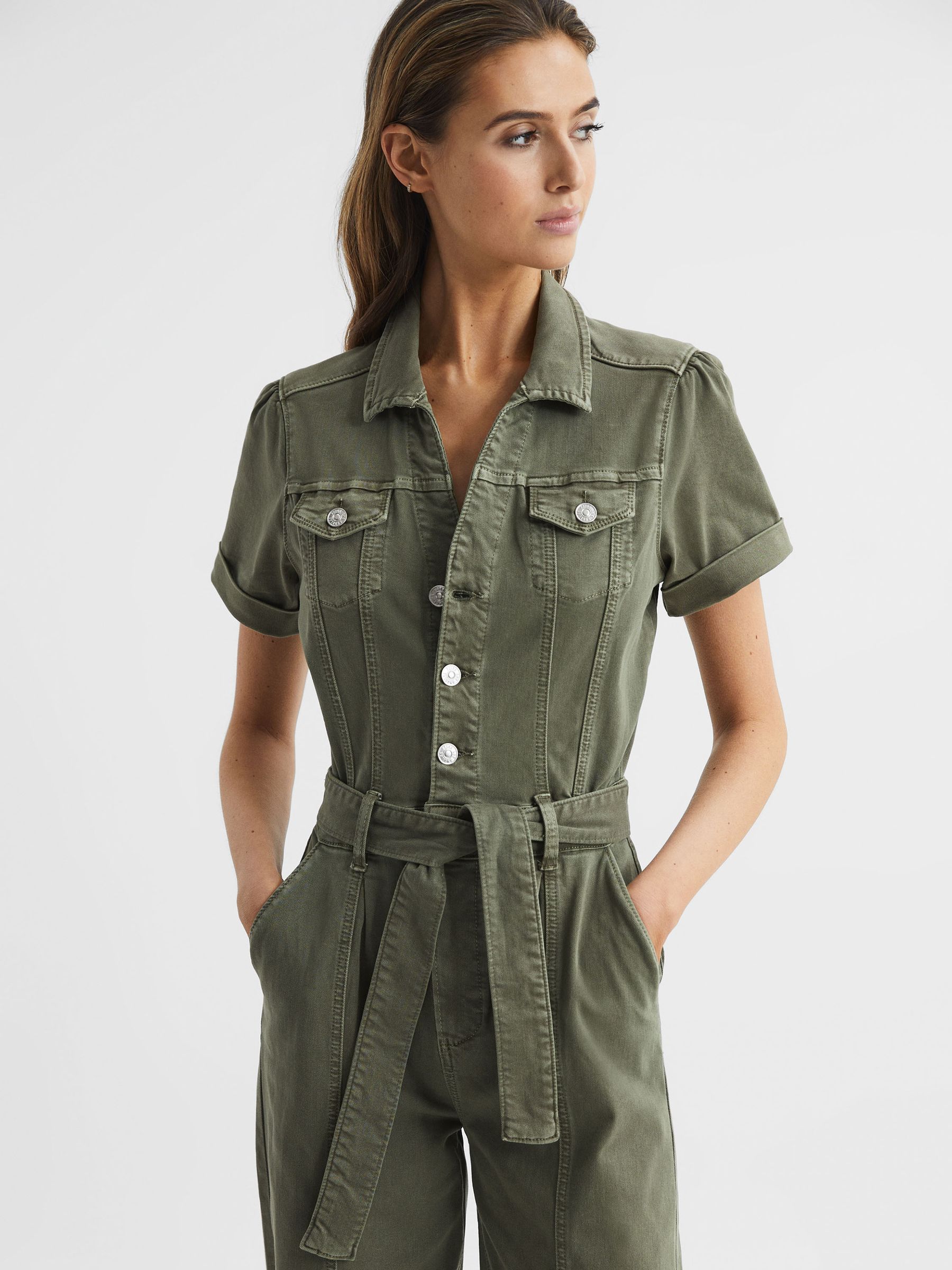 Paige Belted Jumpsuit in Vintage Ivy Green - Image 6 of 9