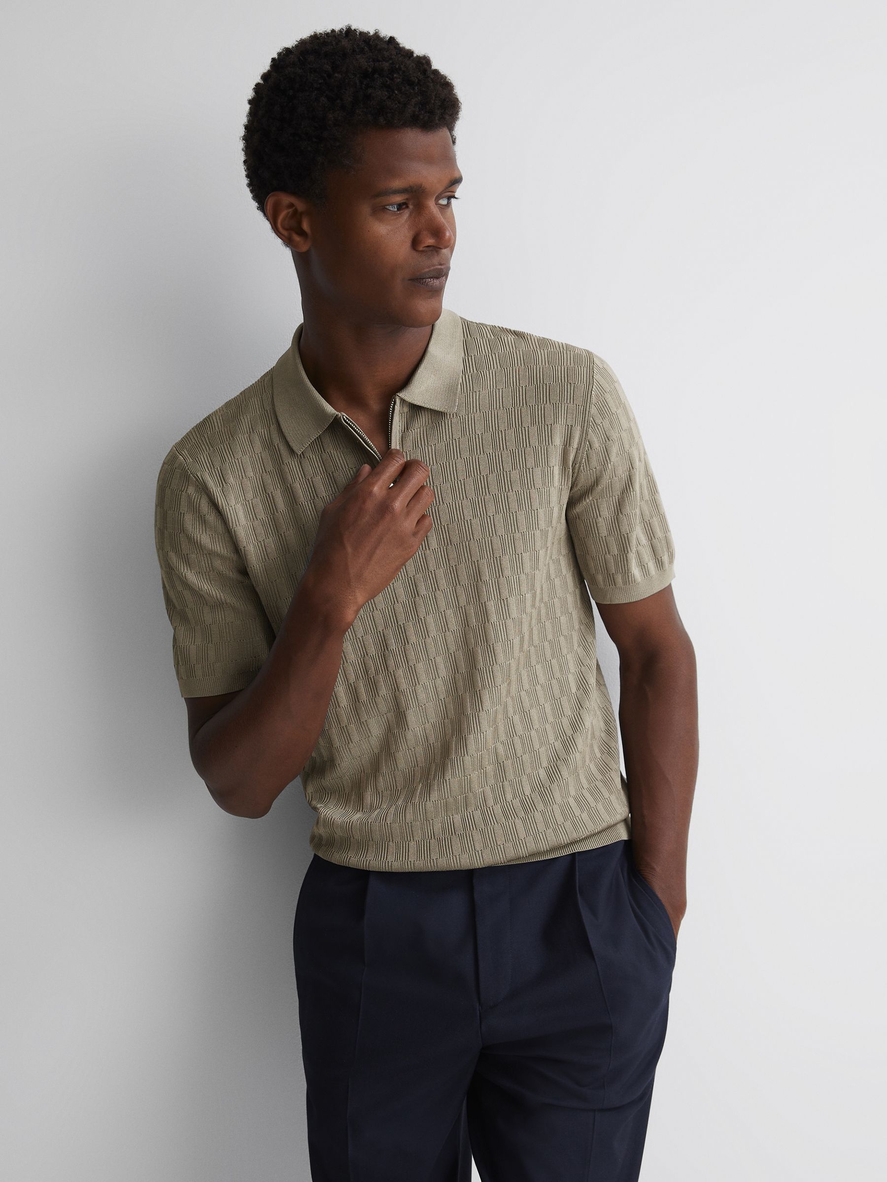 Half-Zip Textured Polo T-Shirt in Taupe - Image 6 of 9