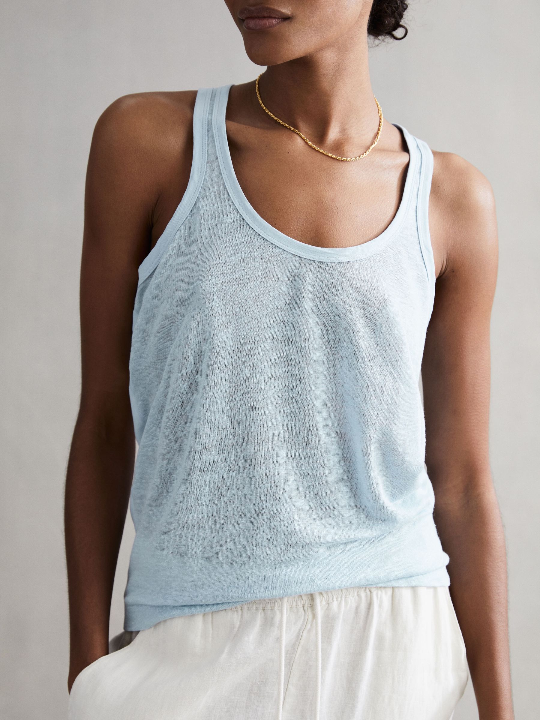 Linen Crew Neck Vest in Blue - Image 1 of 5 Linen Crew Neck Vest in Blue - Image 1 of 5
