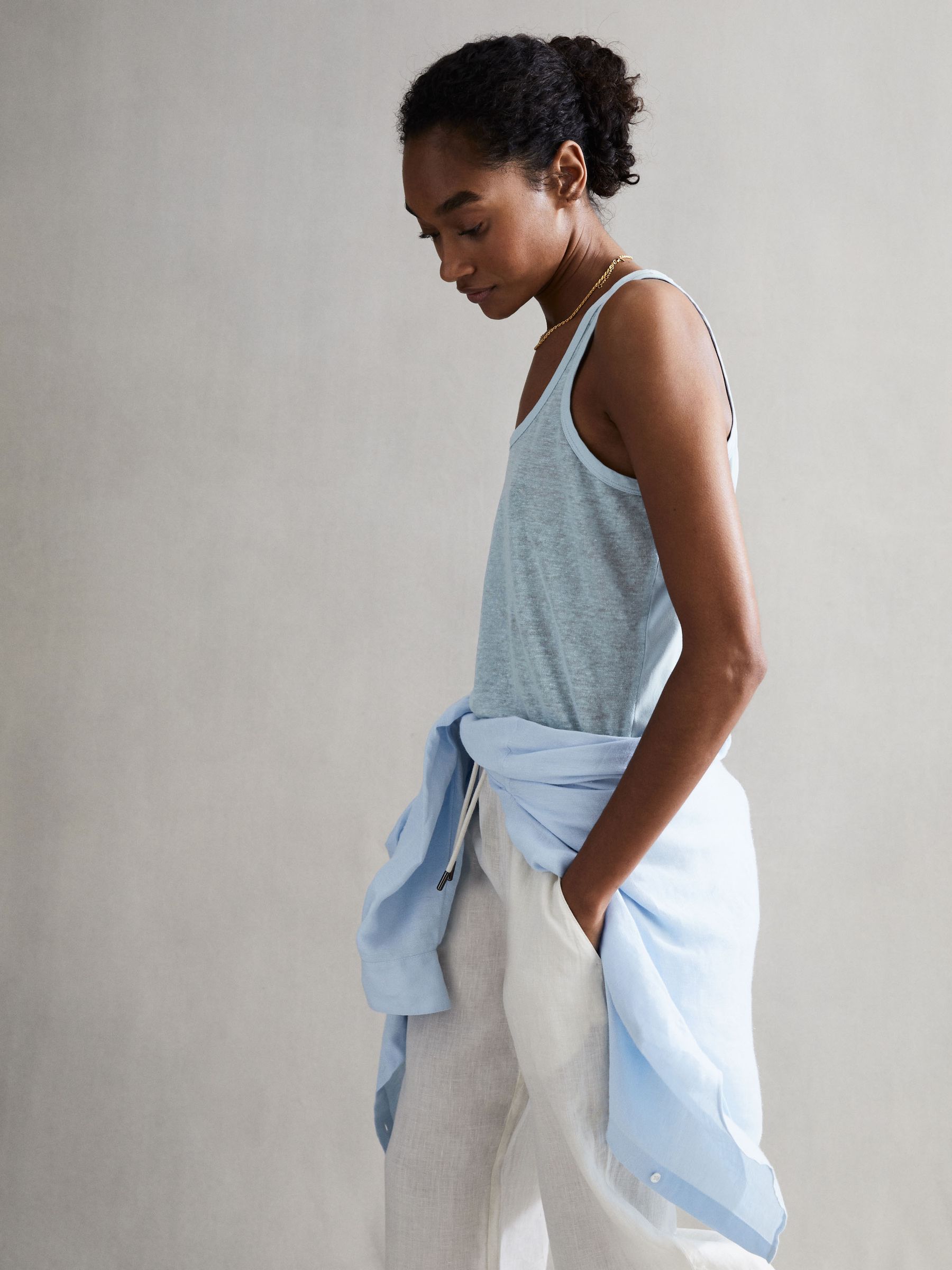 Linen Crew Neck Vest in Blue - Image 5 of 5