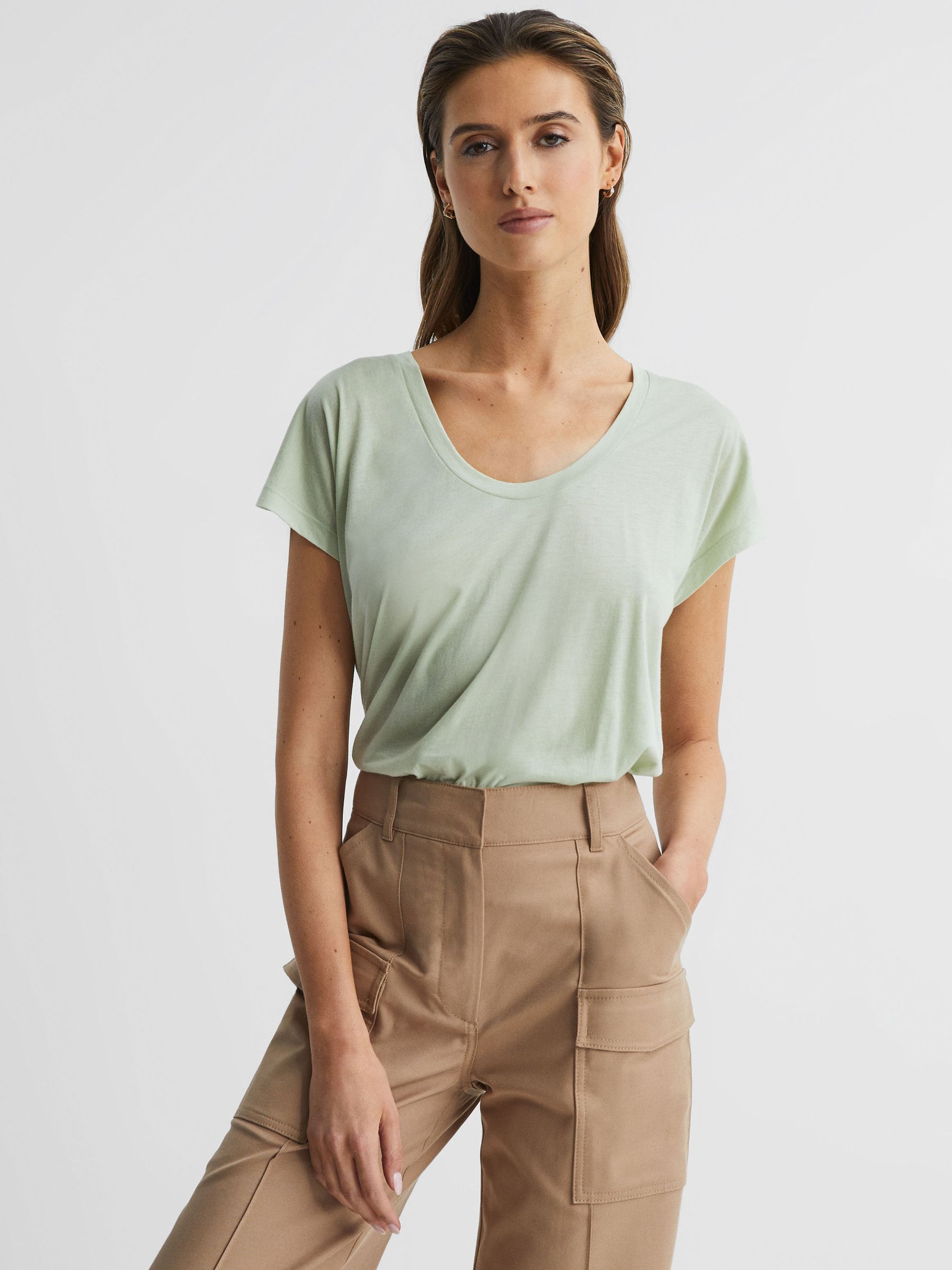 Scoop Neck Pima Cotton T-Shirt in Pistachio - Image 4 of 5