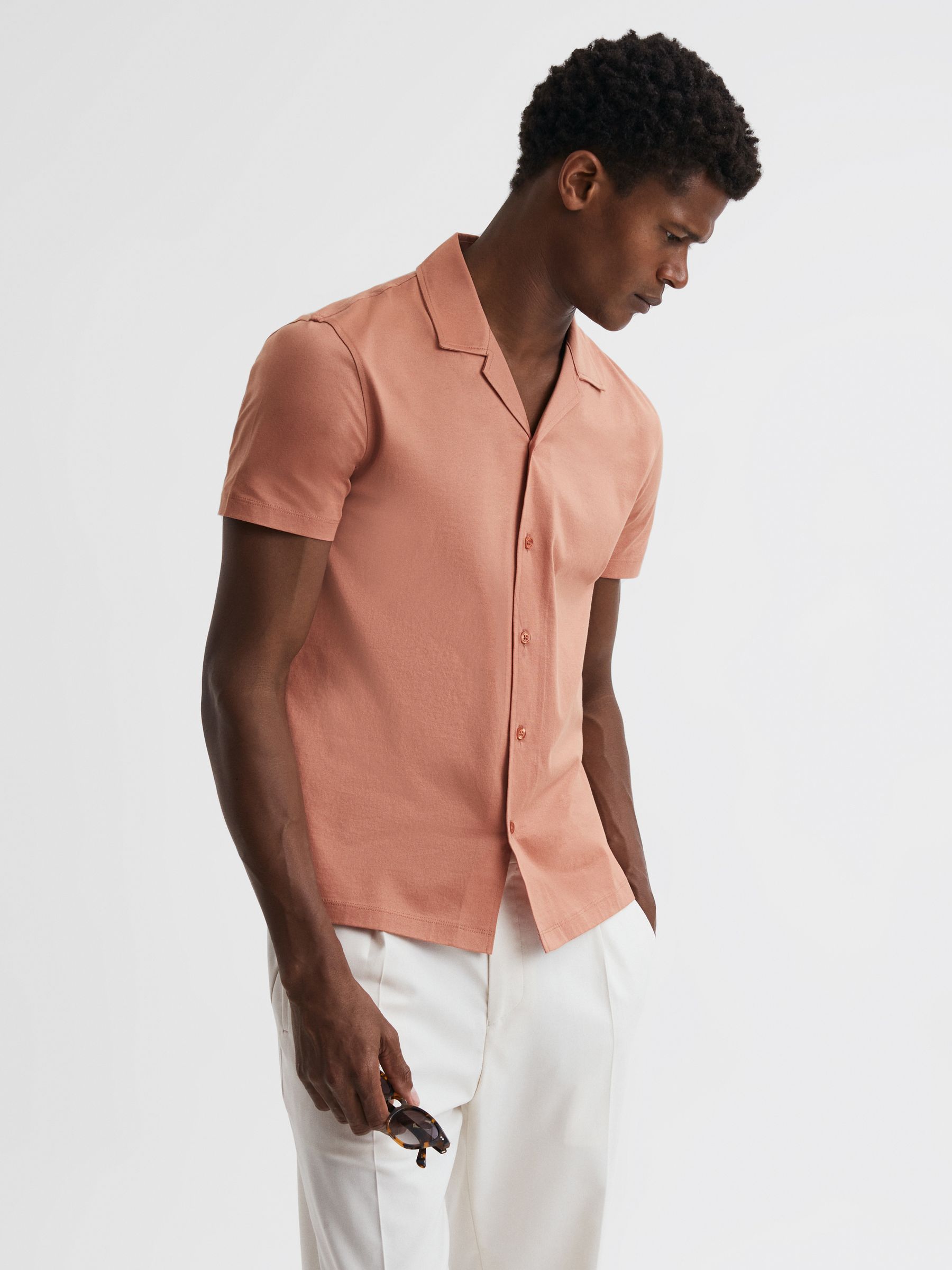 Mercerised Jersey Cuban Collar Shirt in Terracotta - Image 1 of 5