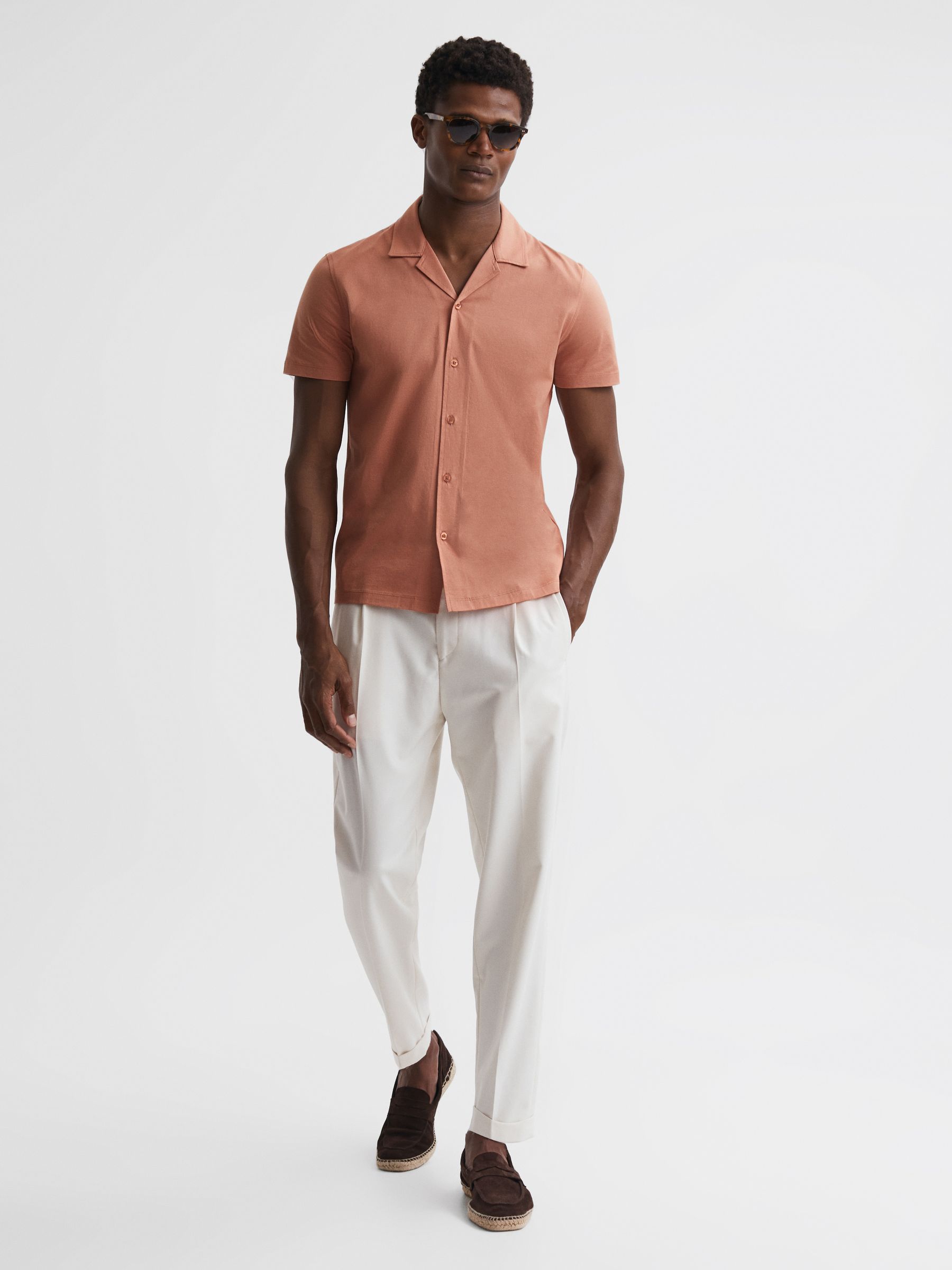 Mercerised Jersey Cuban Collar Shirt in Terracotta - Image 3 of 5