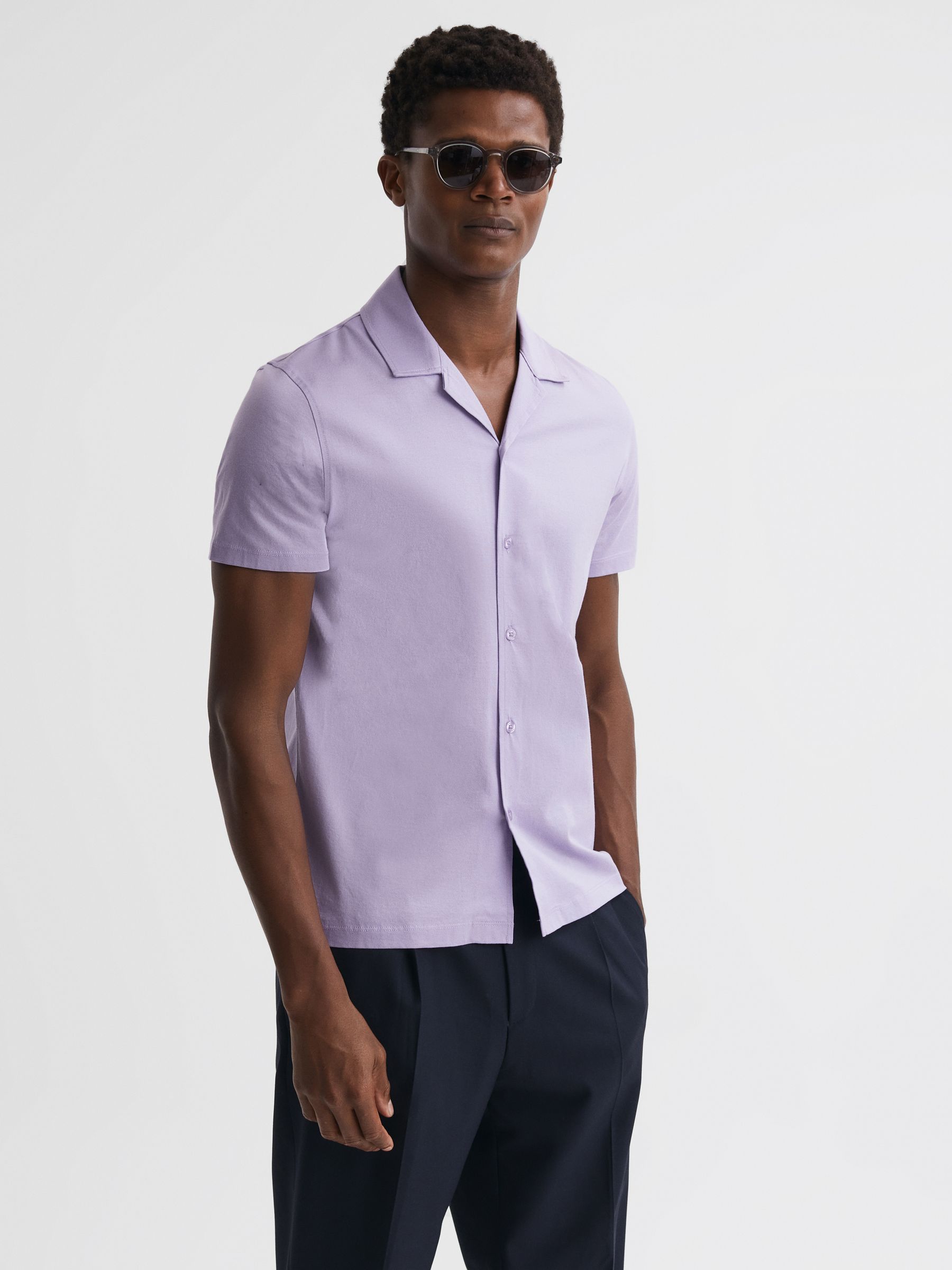 Mercerised Jersey Cuban Collar Shirt in Lilac - Image 1 of 4