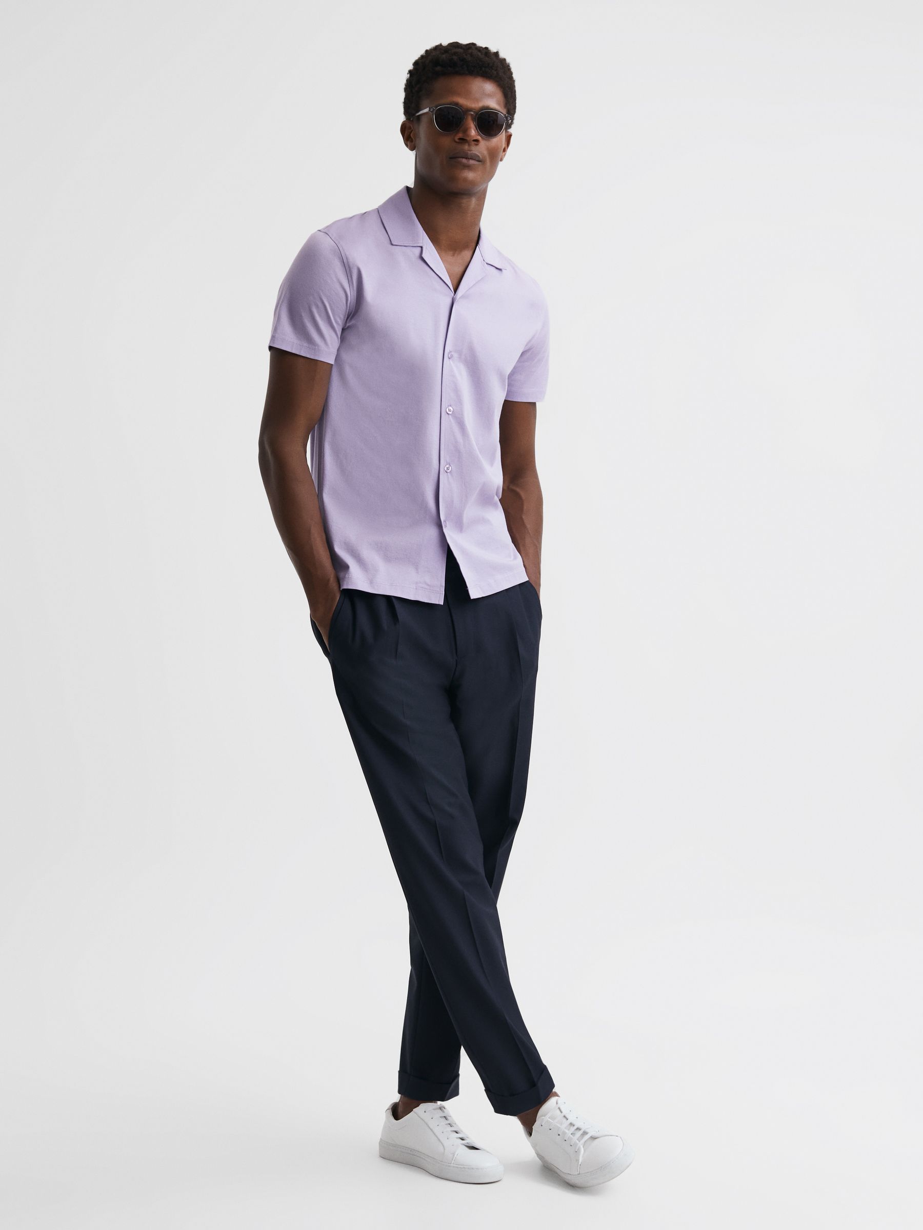 Mercerised Jersey Cuban Collar Shirt in Lilac - Image 3 of 4