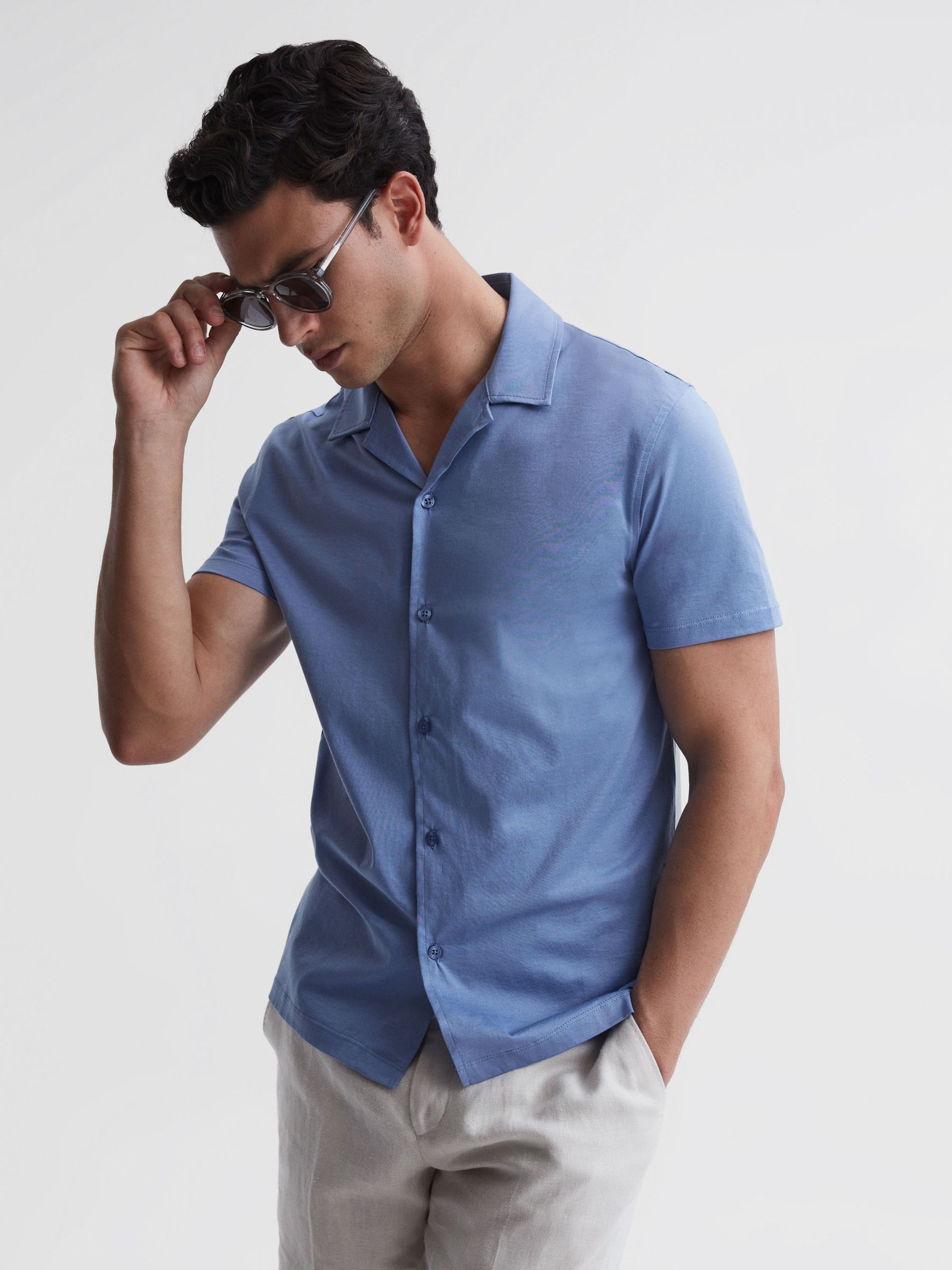 Mercerised Jersey Cuban Collar Shirt in Sea Blue - Image 1 of 4