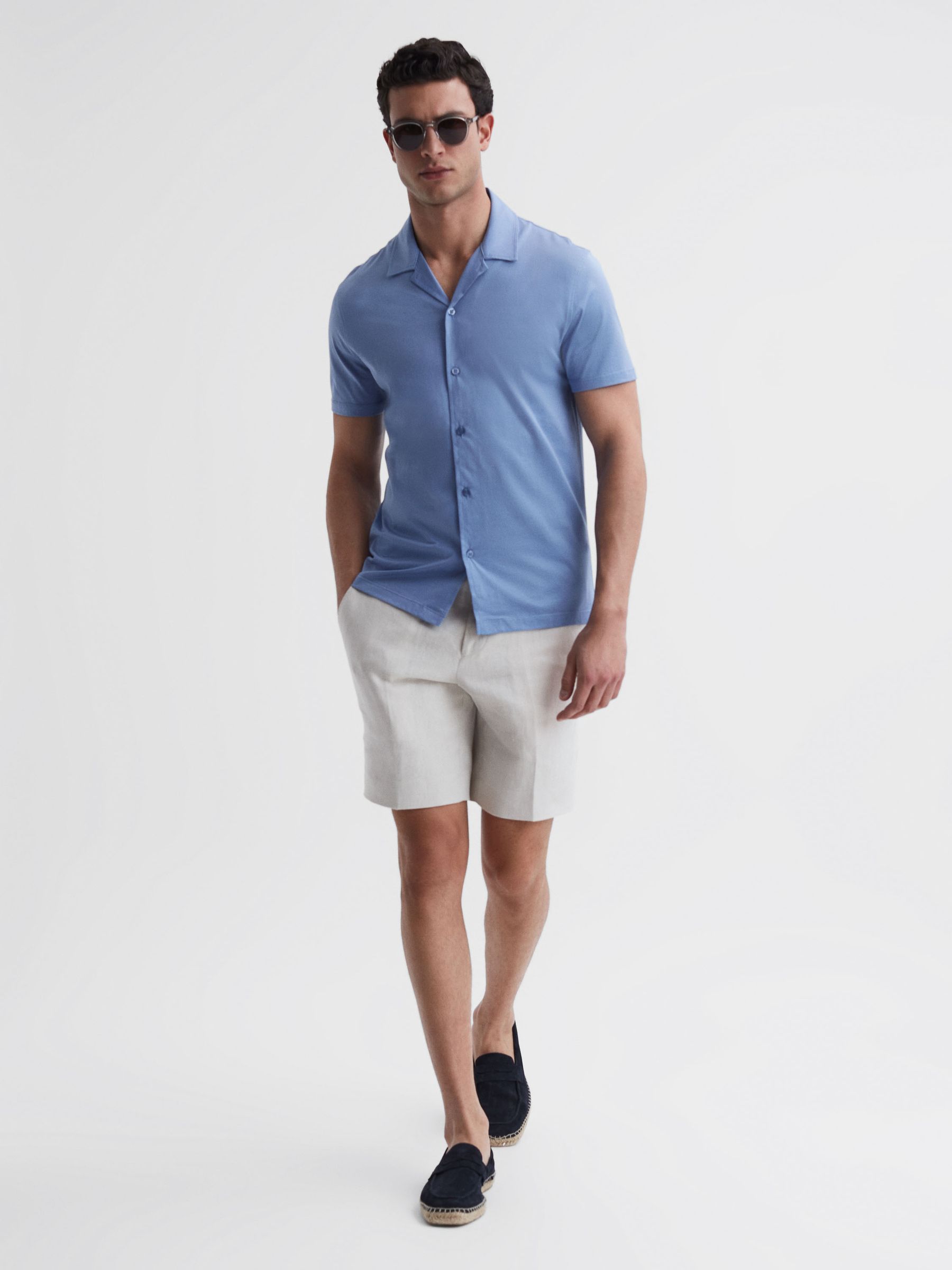 Mercerised Jersey Cuban Collar Shirt in Sea Blue - Image 3 of 4