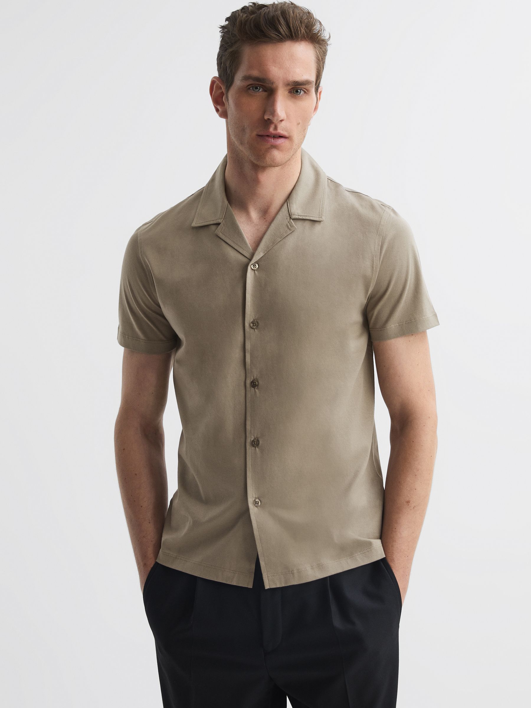 Mercerised Jersey Cuban Collar Shirt in Fawn - Image 1 of 5