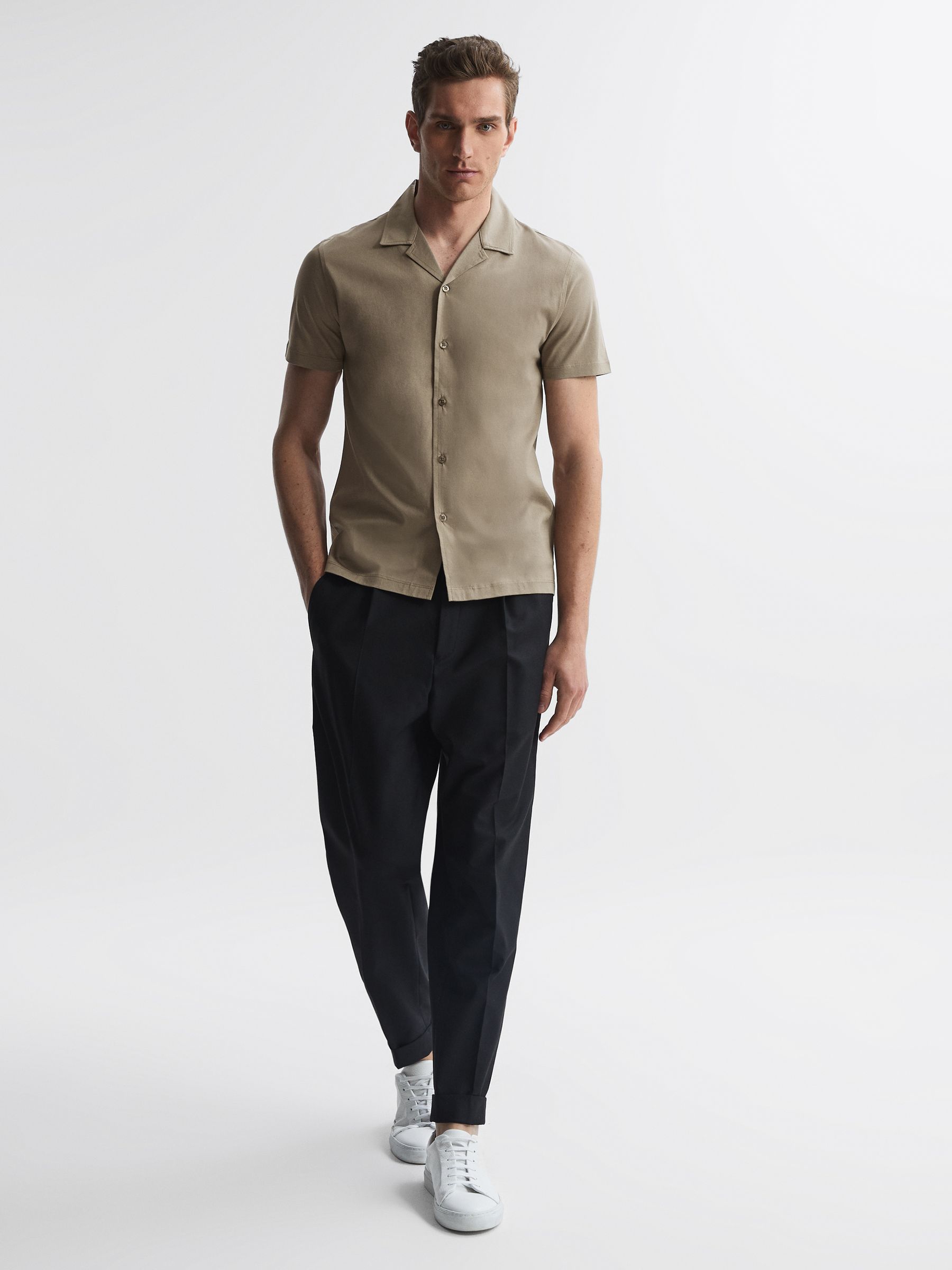 Mercerised Jersey Cuban Collar Shirt in Fawn - Image 3 of 5