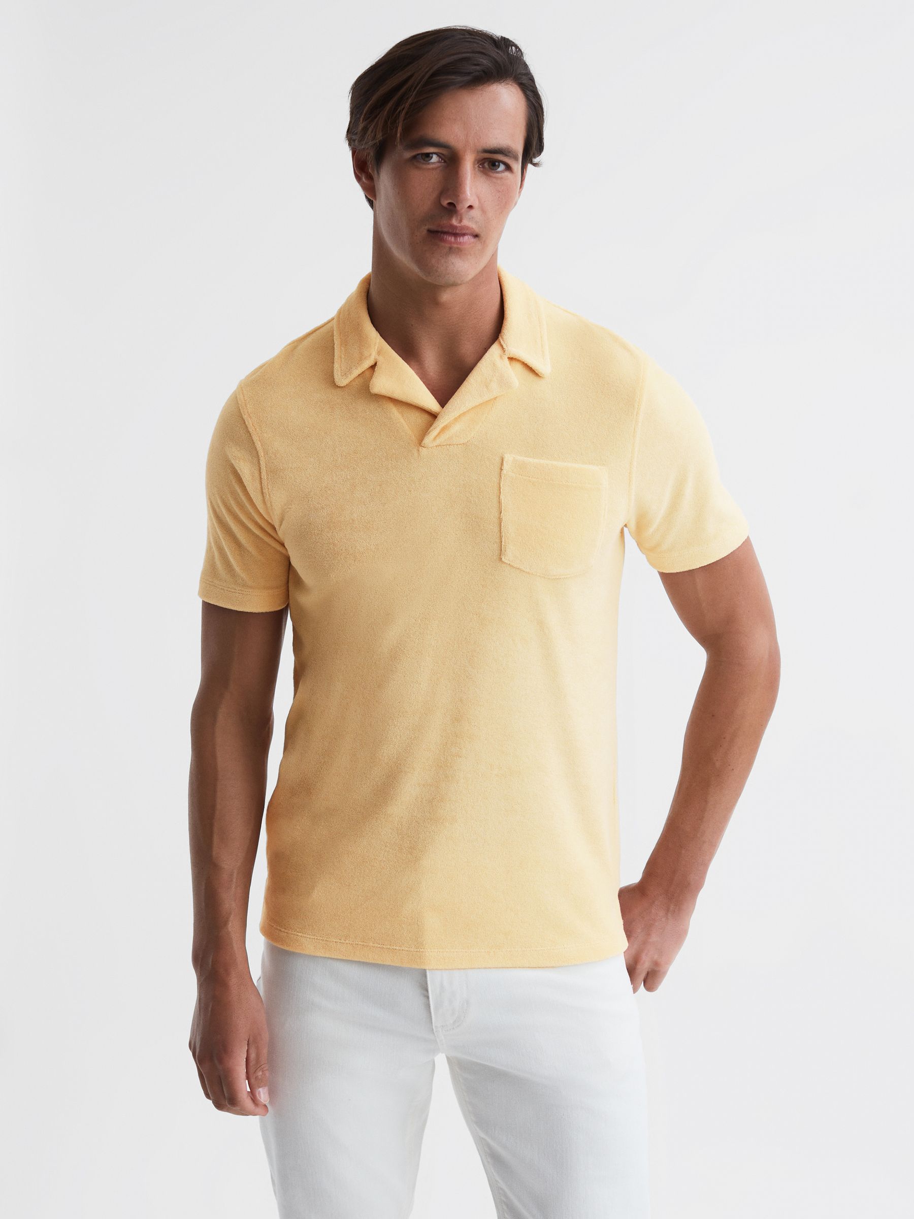 Towelling Cuban Collar Polo Shirt in Lemon - Image 1 of 6