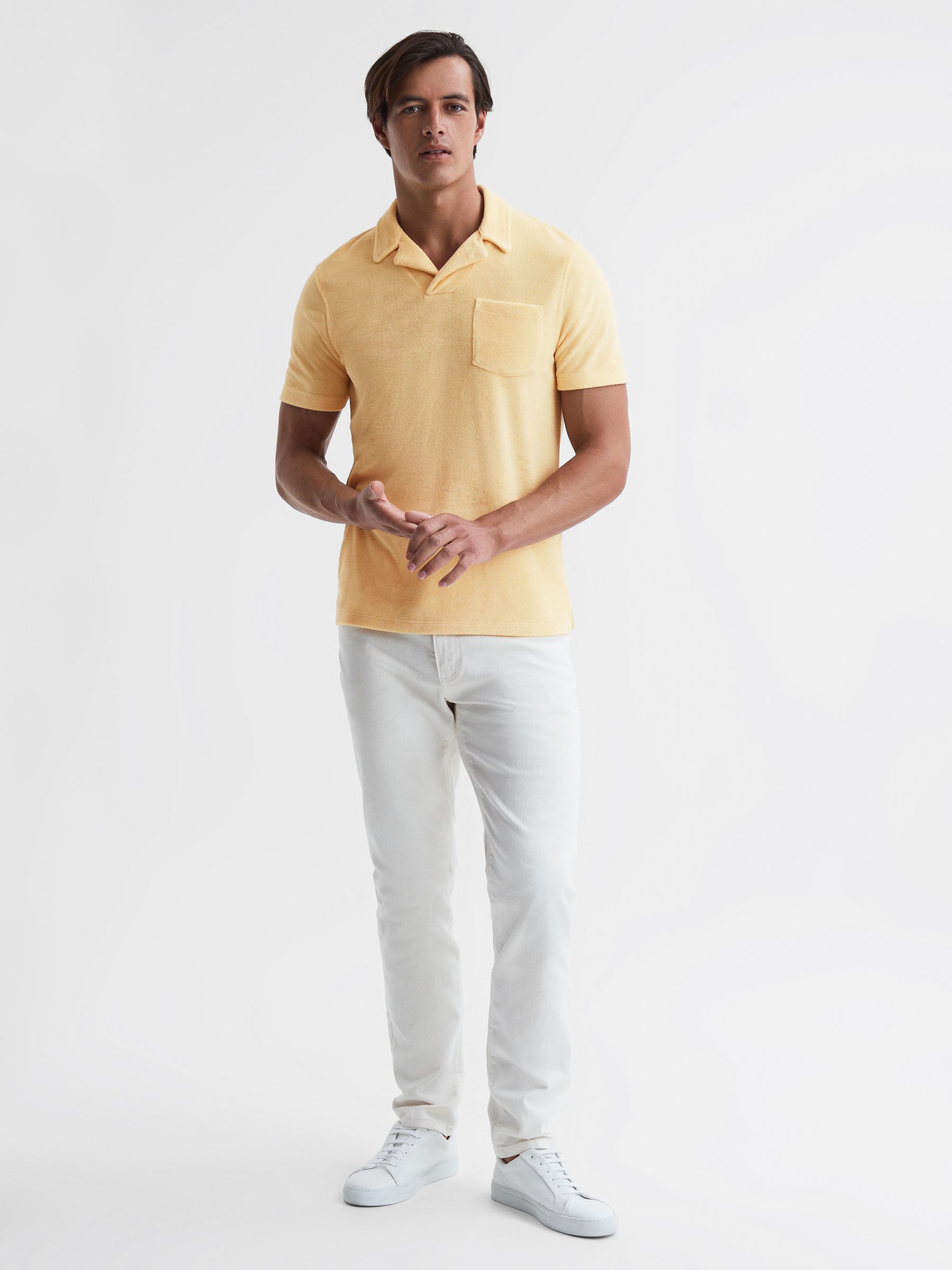 Towelling Cuban Collar Polo Shirt in Lemon - Image 3 of 6
