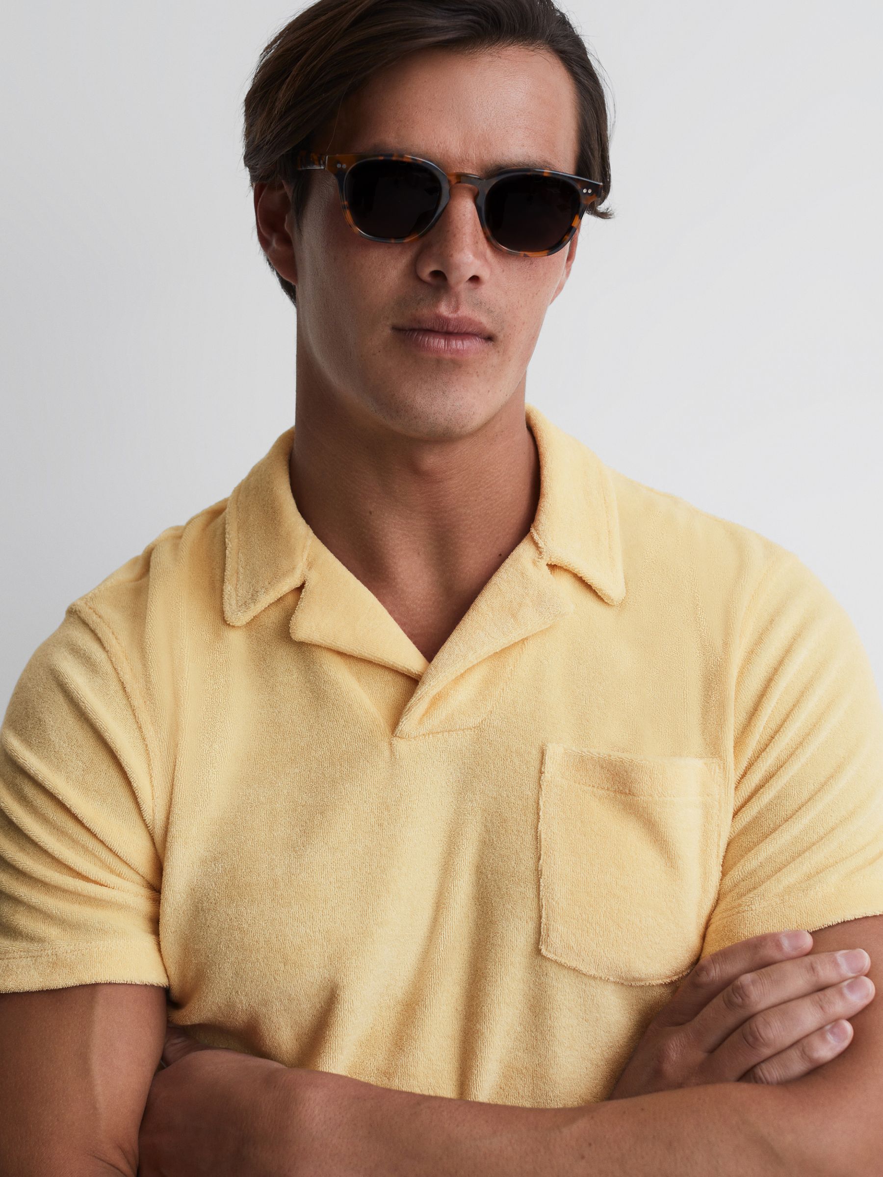Towelling Cuban Collar Polo Shirt in Lemon - Image 4 of 6