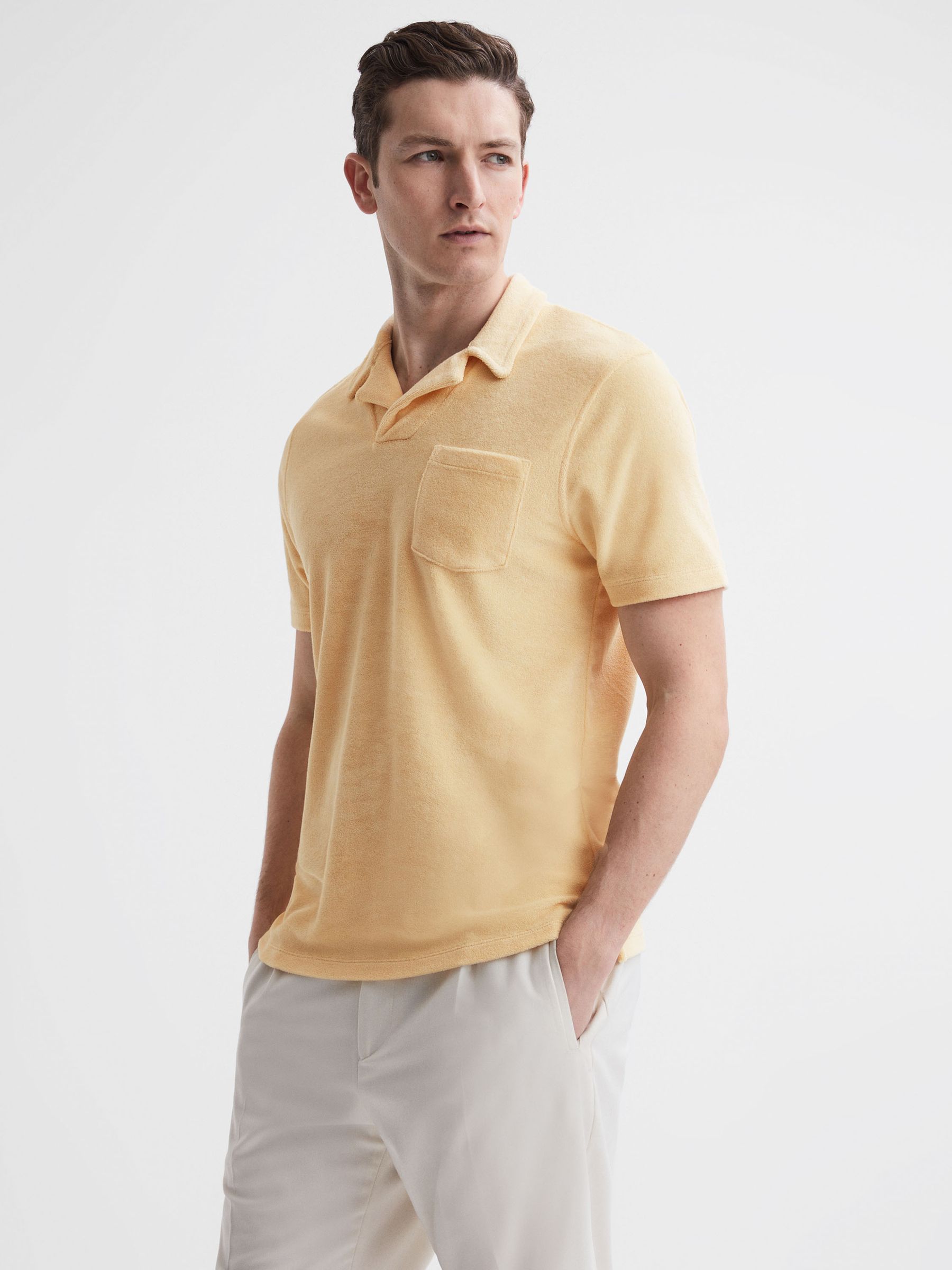 Towelling Cuban Collar Polo Shirt in Lemon - Image 6 of 6