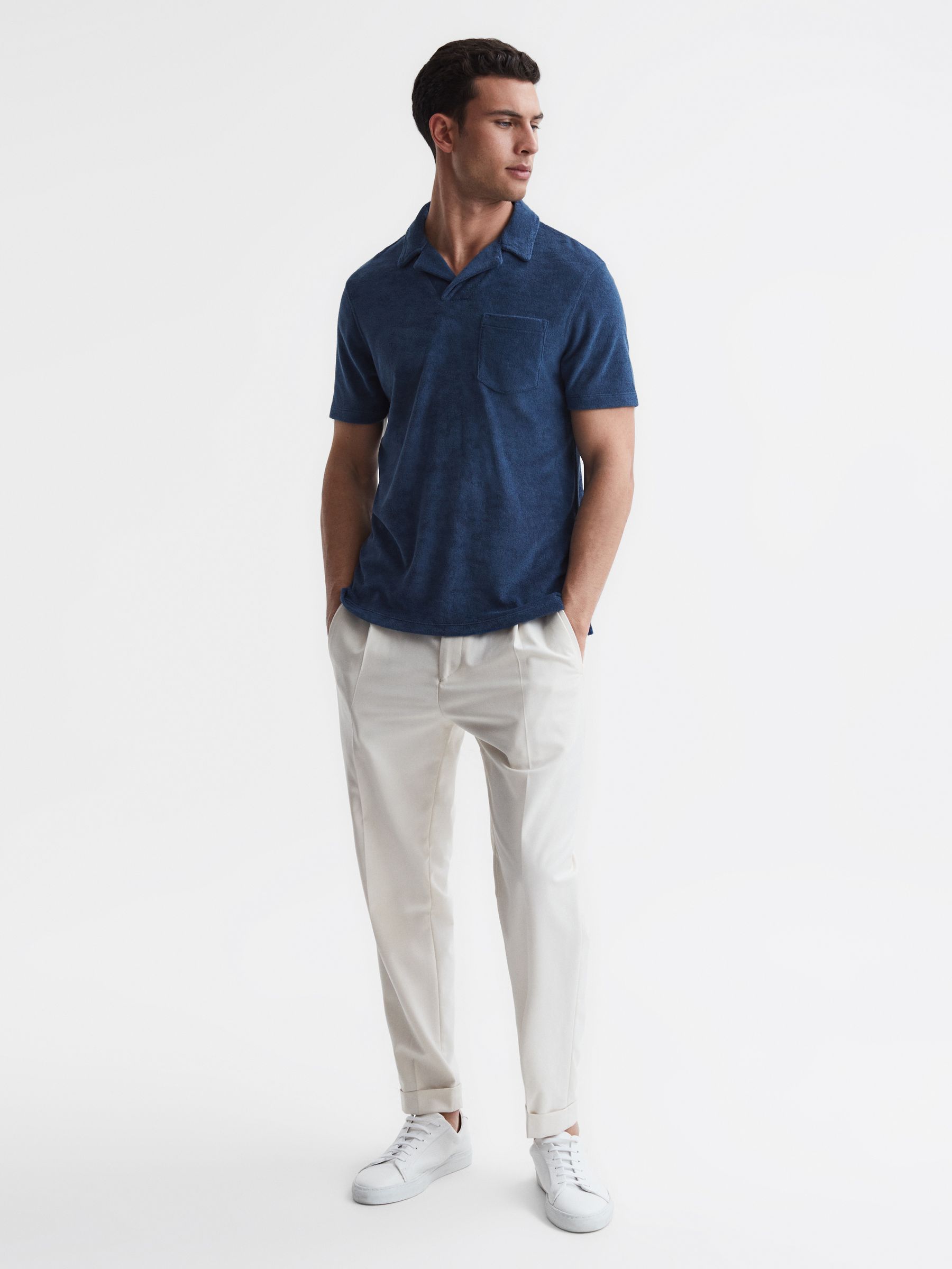 Towelling Cuban Collar Polo Shirt in Royal Blue - Image 3 of 5