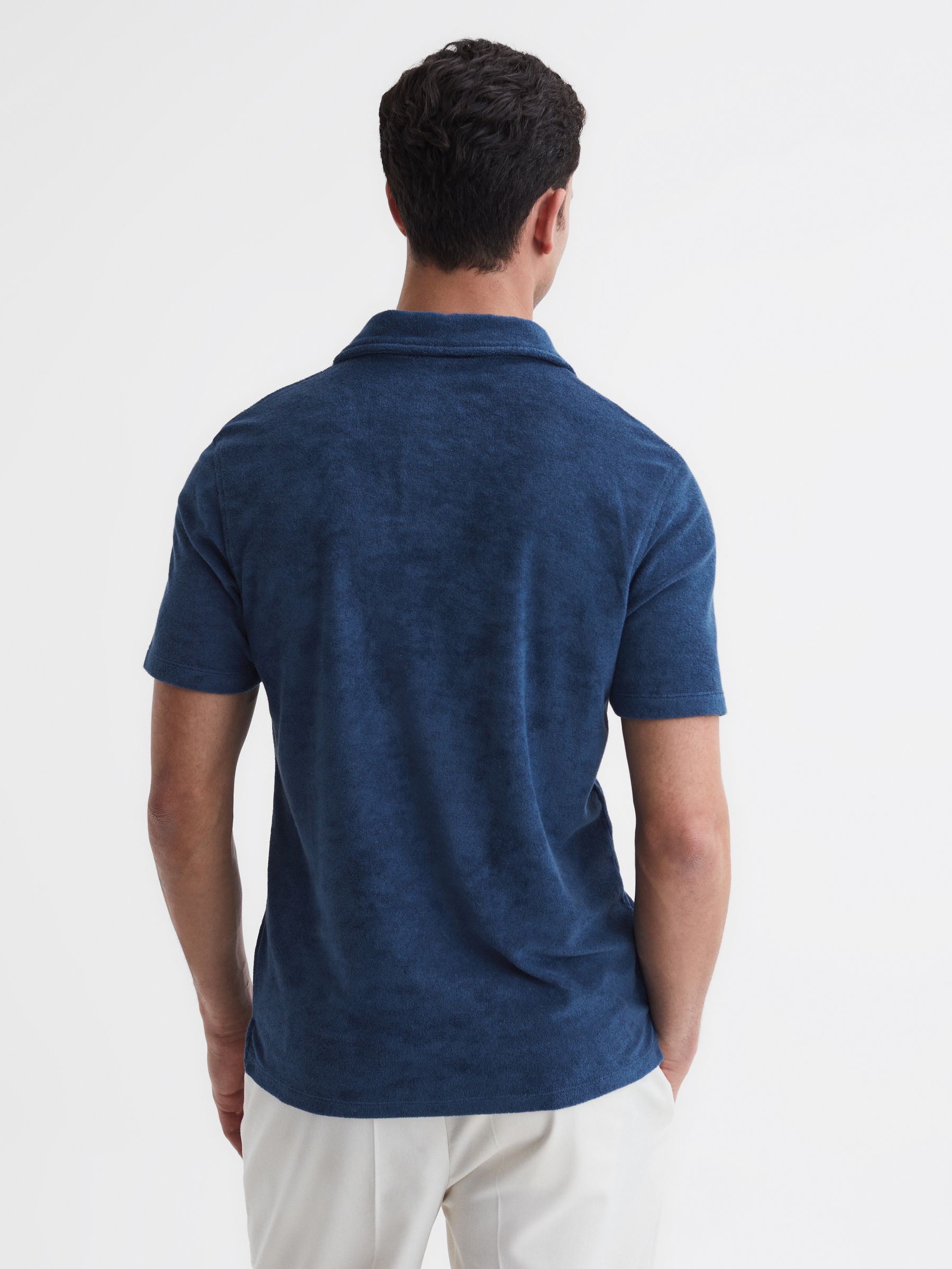 Towelling Cuban Collar Polo Shirt in Royal Blue - Image 4 of 5