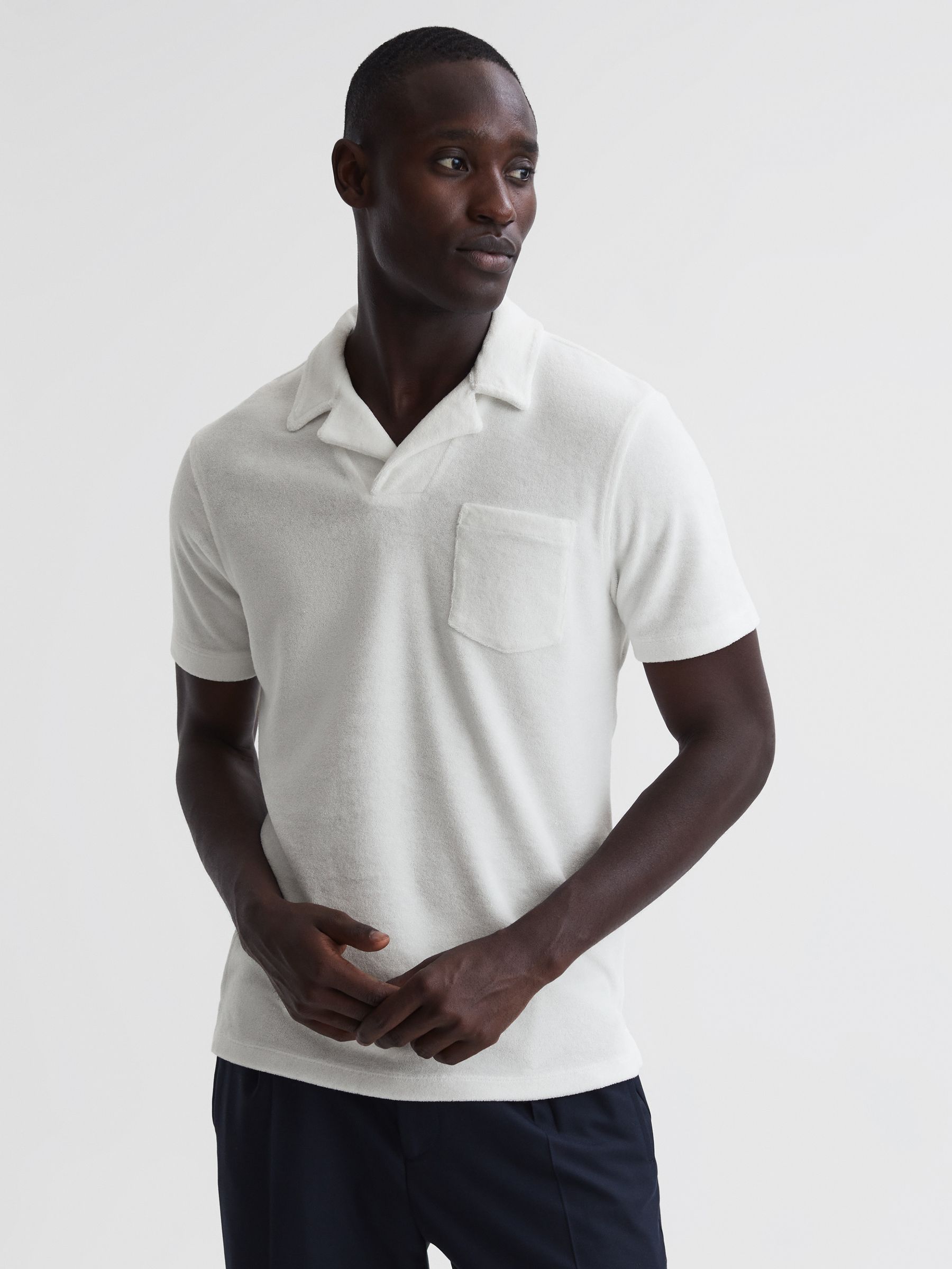 Towelling Cuban Collar Polo Shirt in White - Image 1 of 6