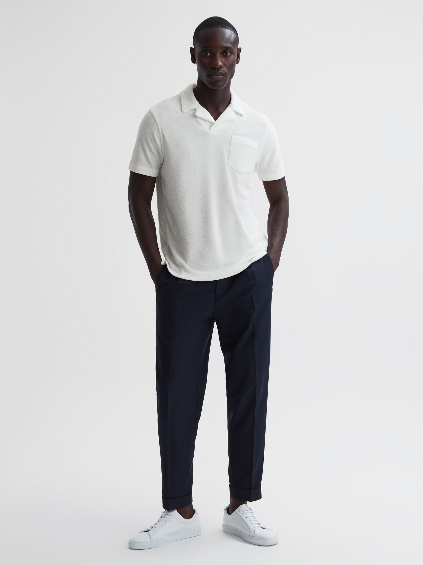 Towelling Cuban Collar Polo Shirt in White - Image 3 of 6