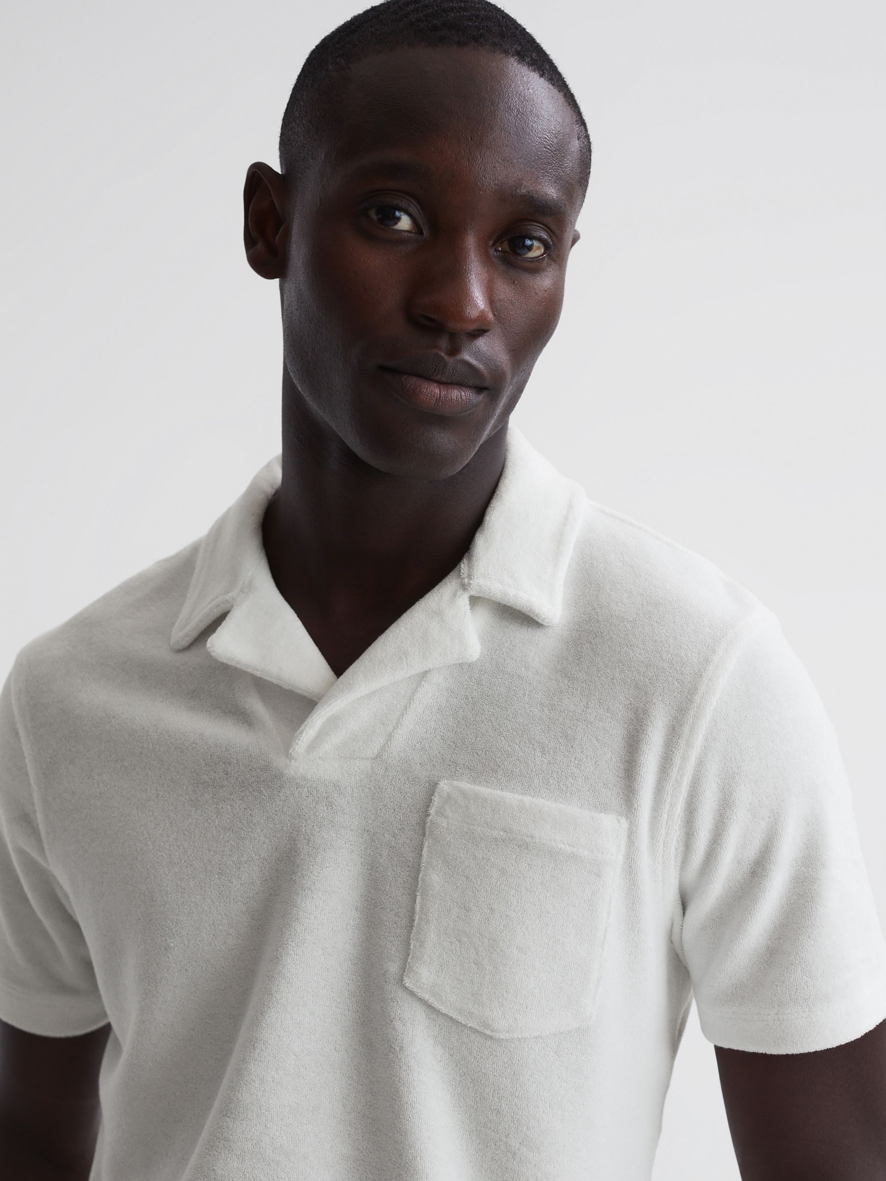 Towelling Cuban Collar Polo Shirt in White - Image 4 of 6
