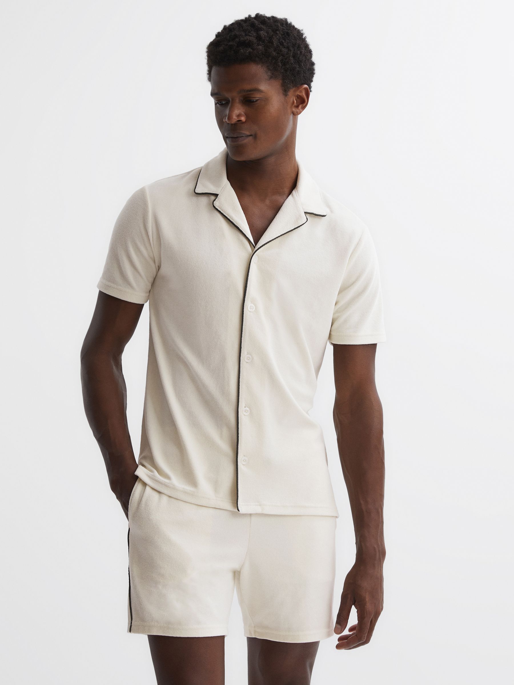 Velour Cuban Collar Shirt in Ecru - Image 1 of 4
