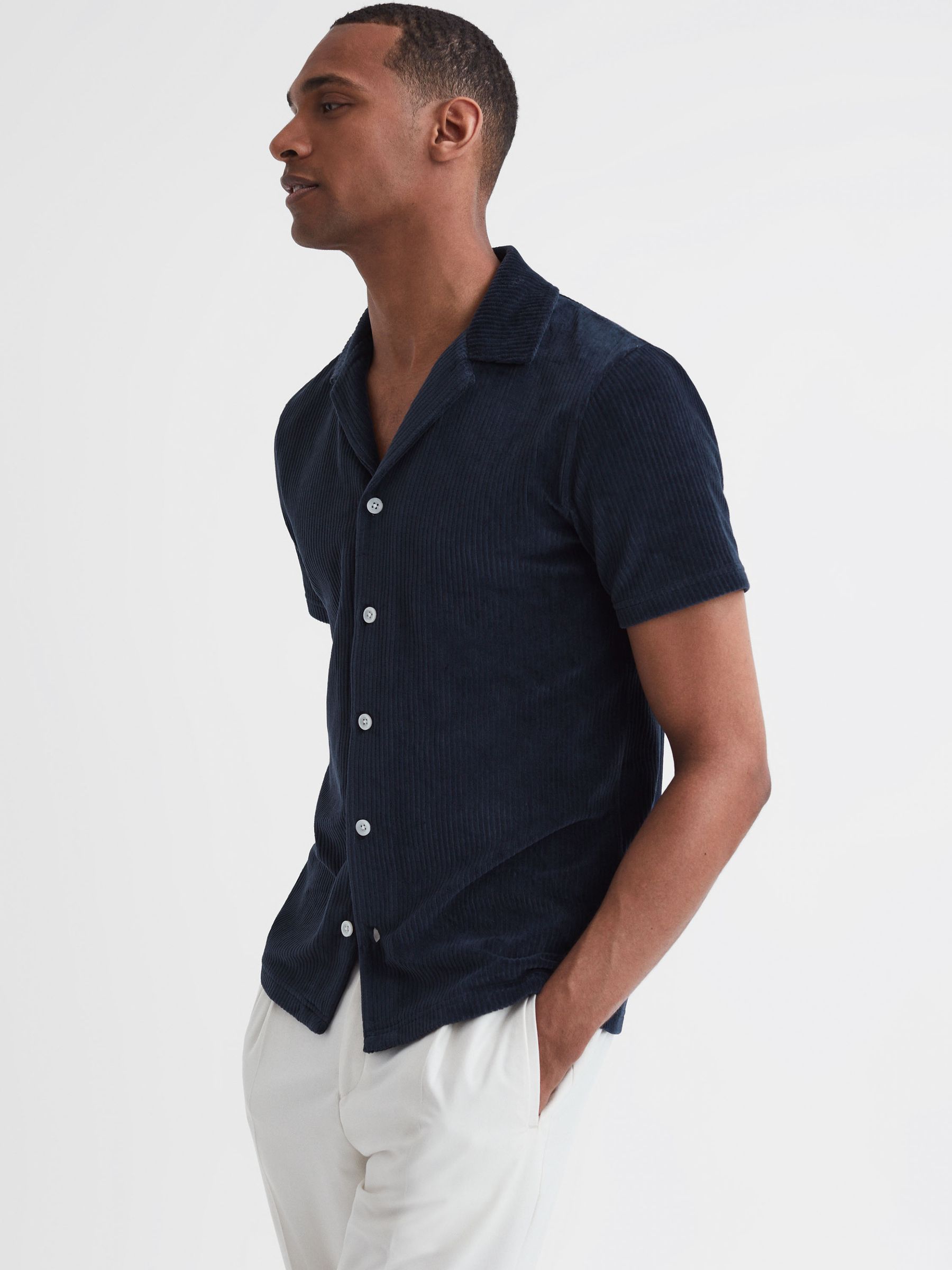 Slim Fit Cuban Collar Textured Shirt in Navy - Image 1 of 4 Slim Fit Cuban Collar Textured Shirt in Navy - Image 1 of 4