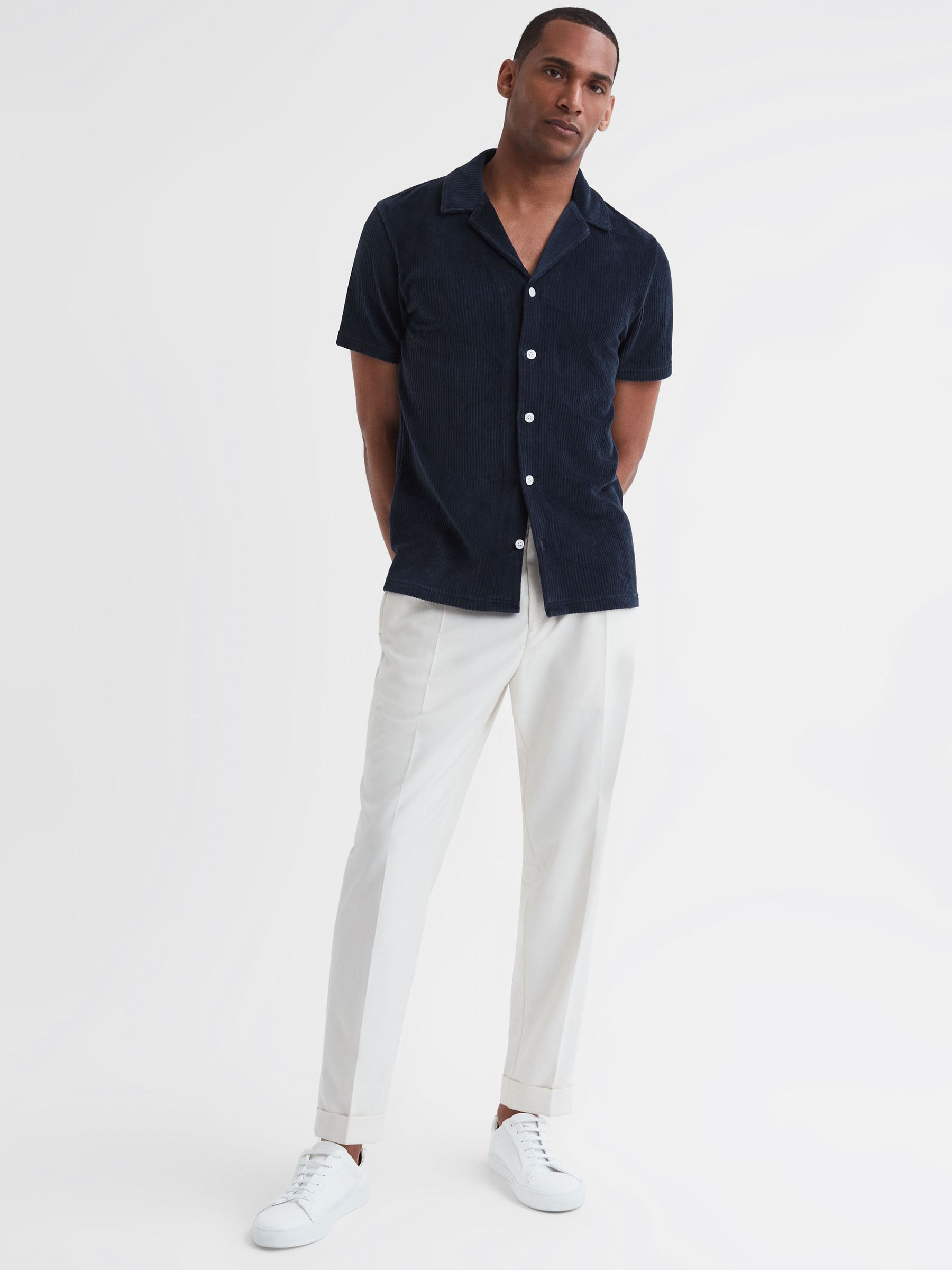 Slim Fit Cuban Collar Textured Shirt in Navy - Image 3 of 4