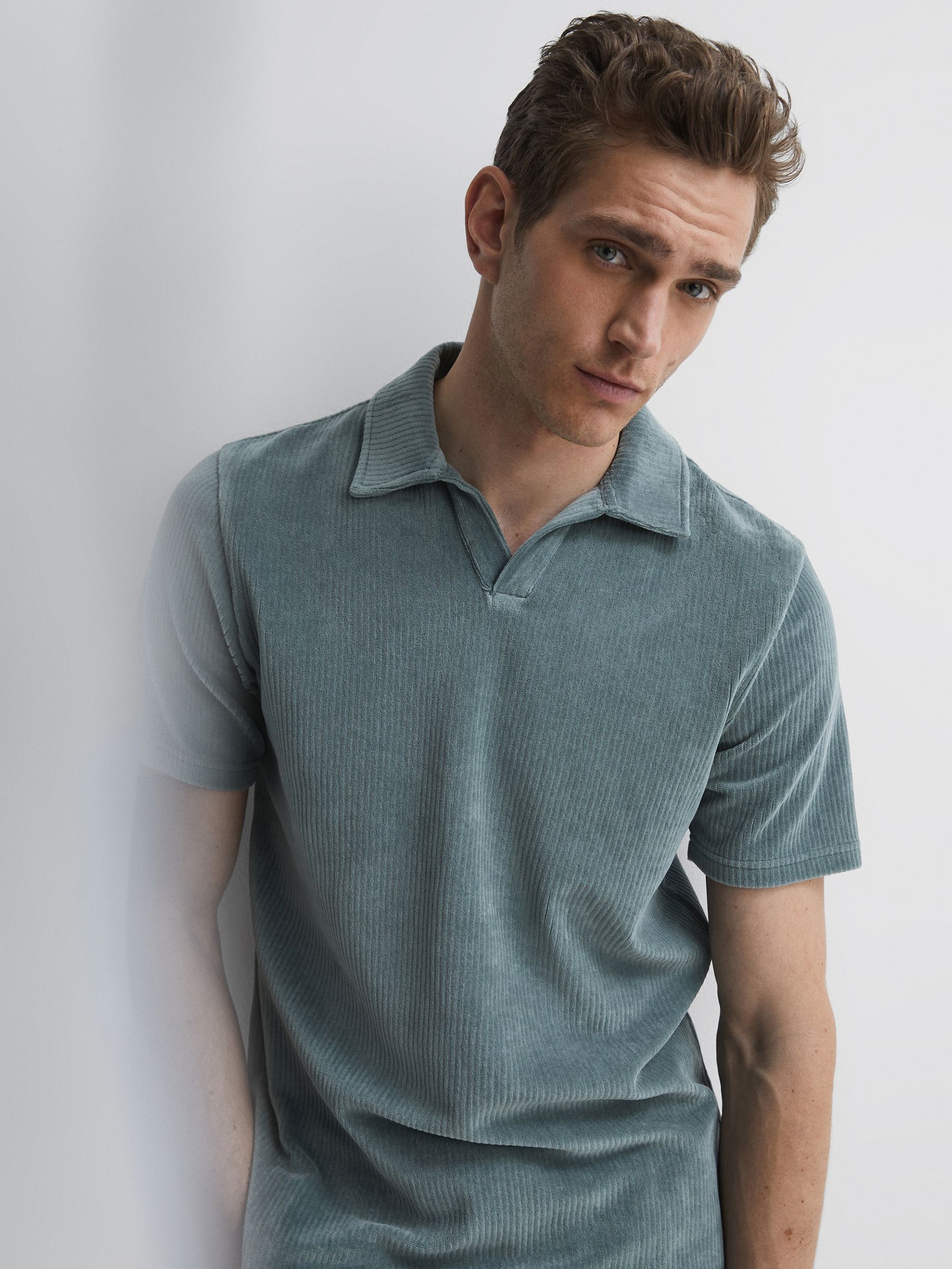 Ribbed Velour Open-Collar Shirt in Sage - Image 1 of 5
