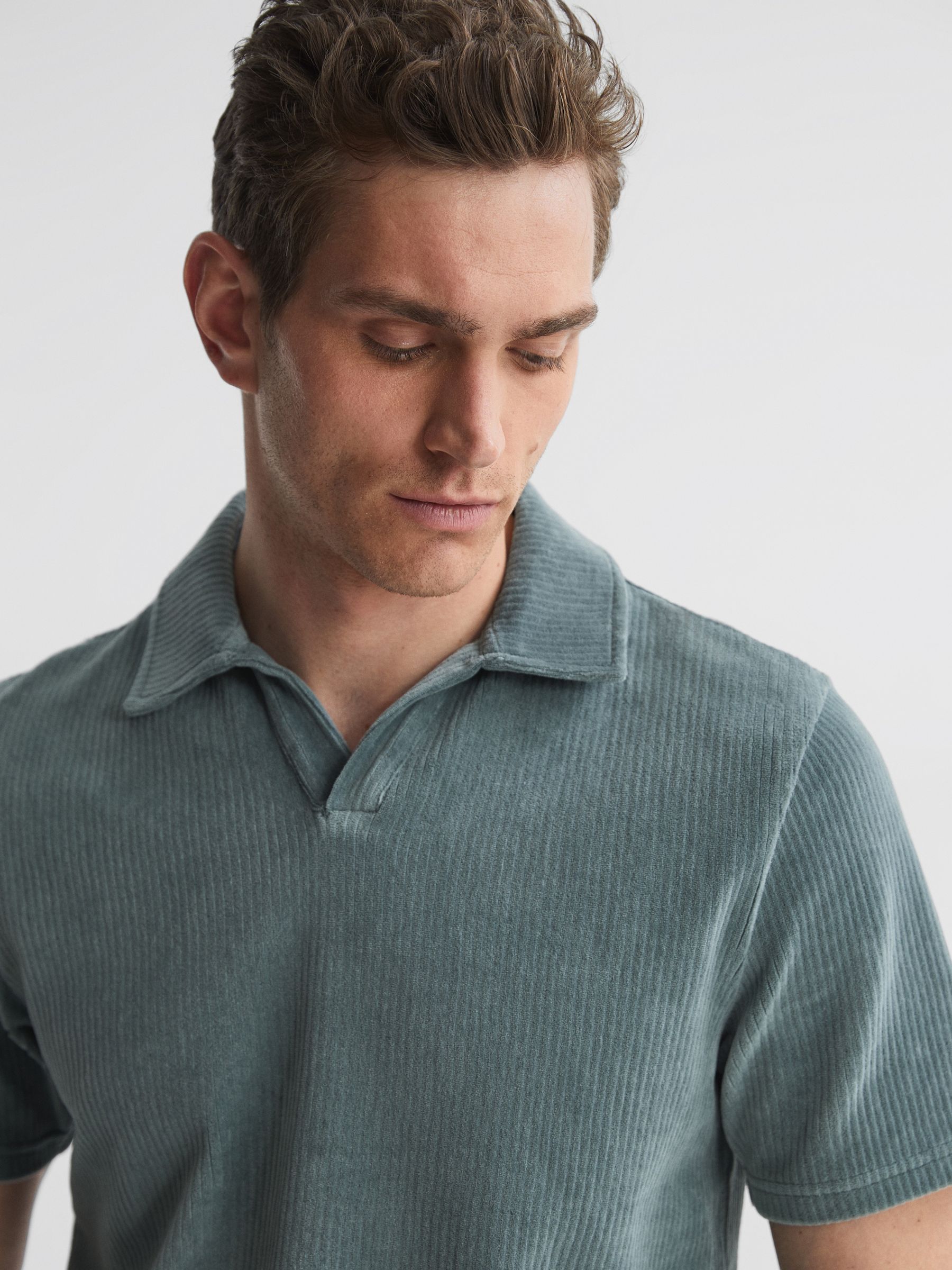 Ribbed Velour Open-Collar Shirt in Sage - Image 3 of 5