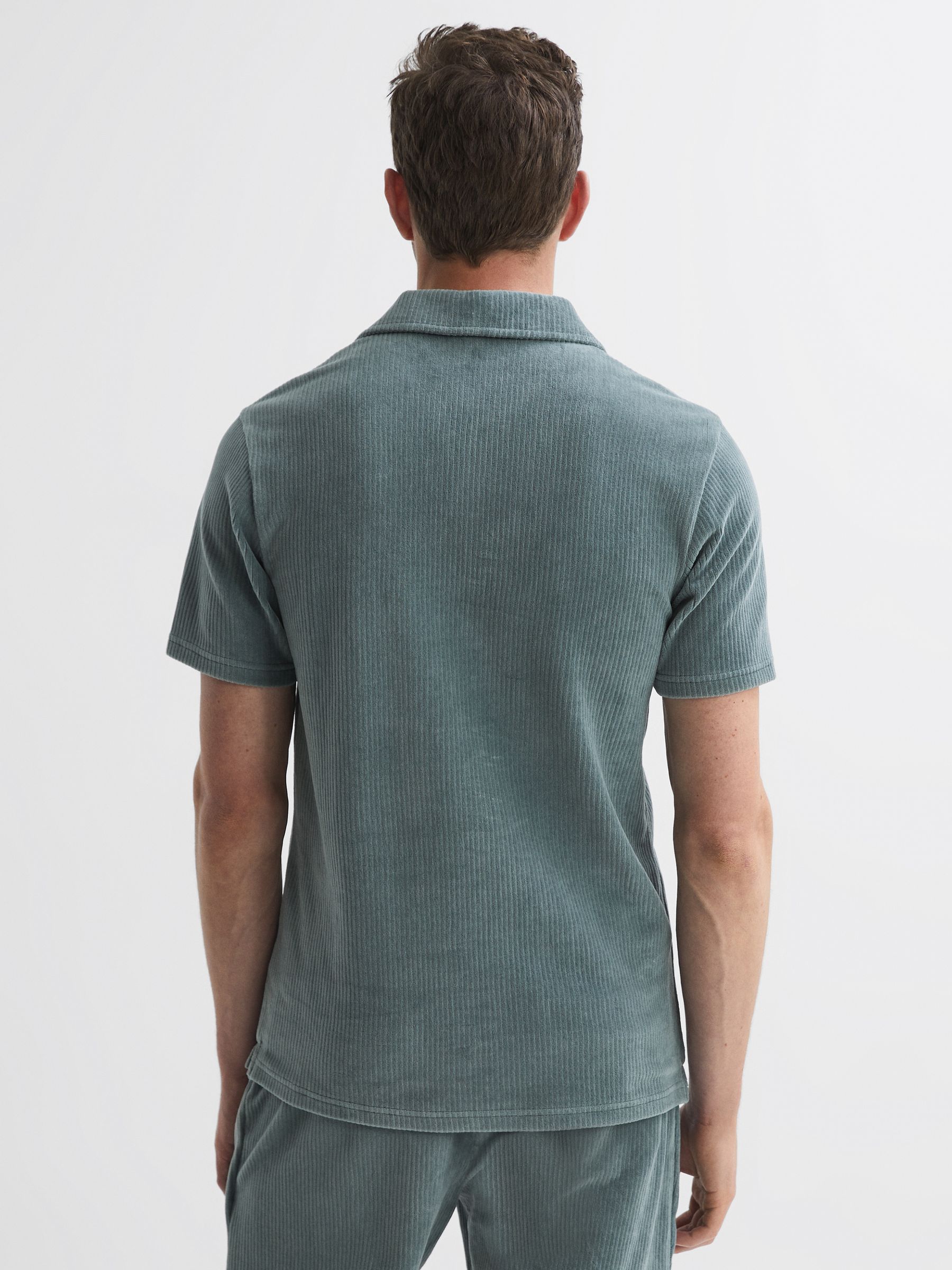 Ribbed Velour Open-Collar Shirt in Sage - Image 4 of 5