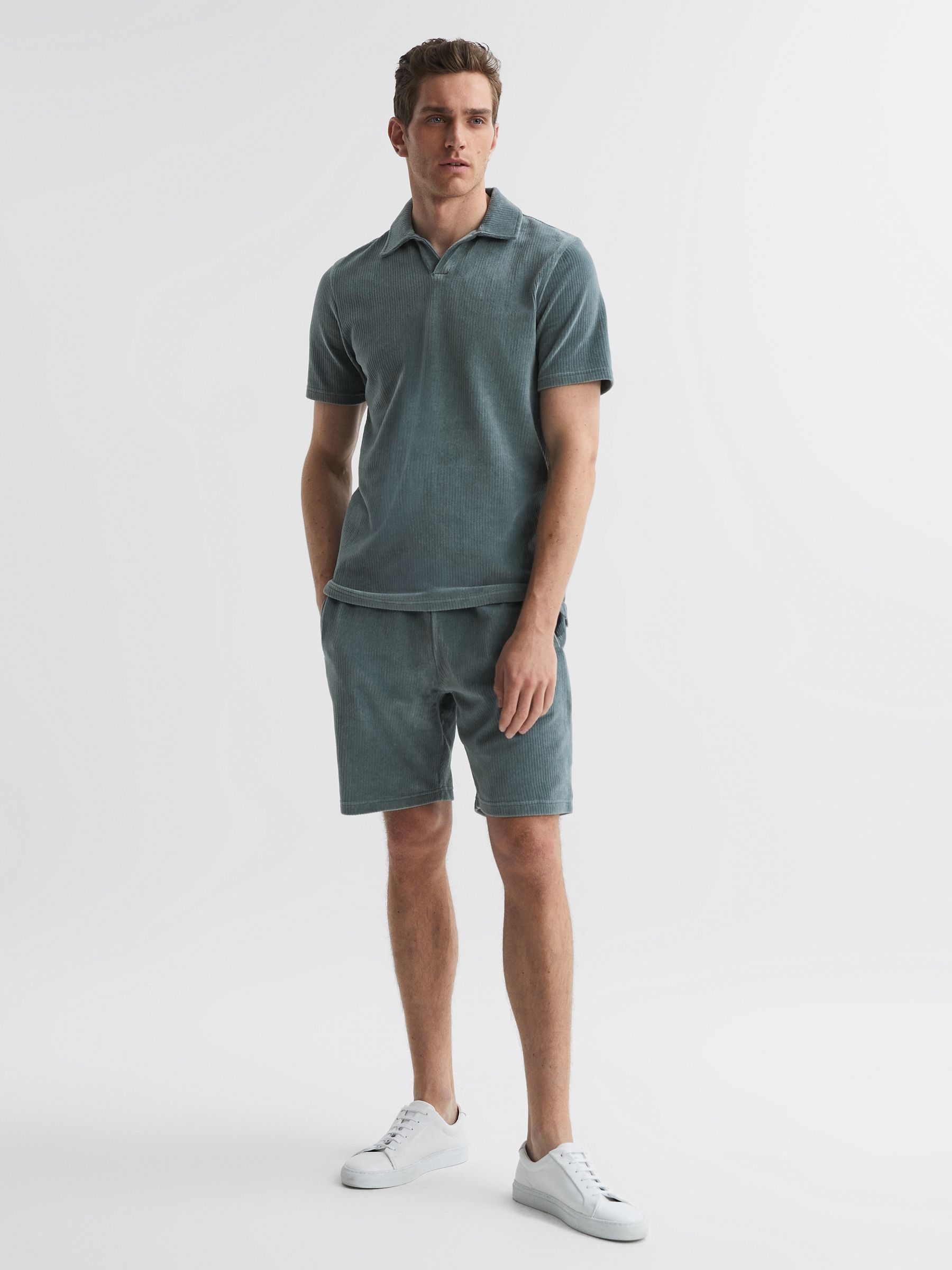 Ribbed Velour Open-Collar Shirt in Sage - Image 5 of 5