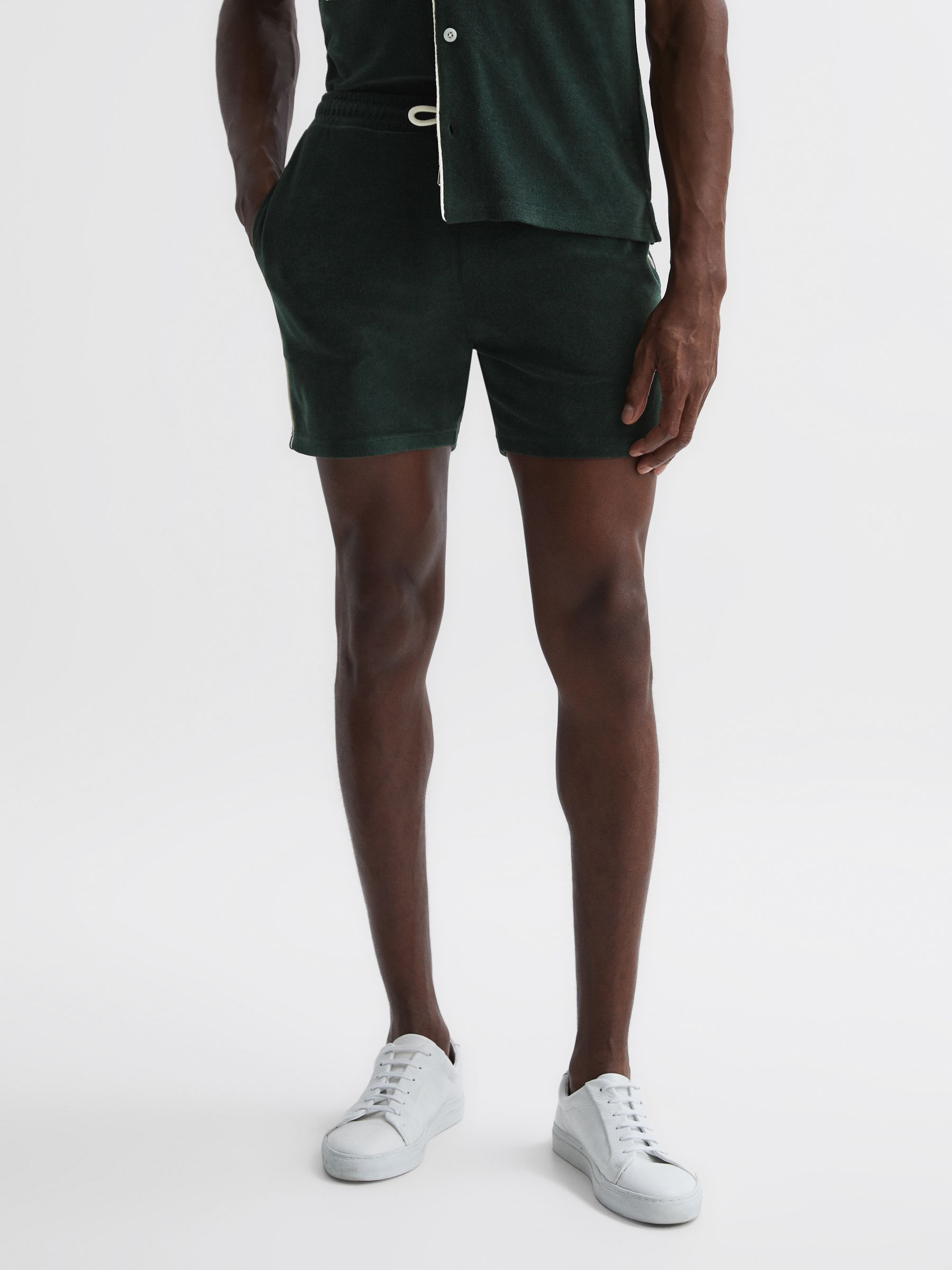 Towelling Drawstring Shorts in Dark Green - Image 1 of 4