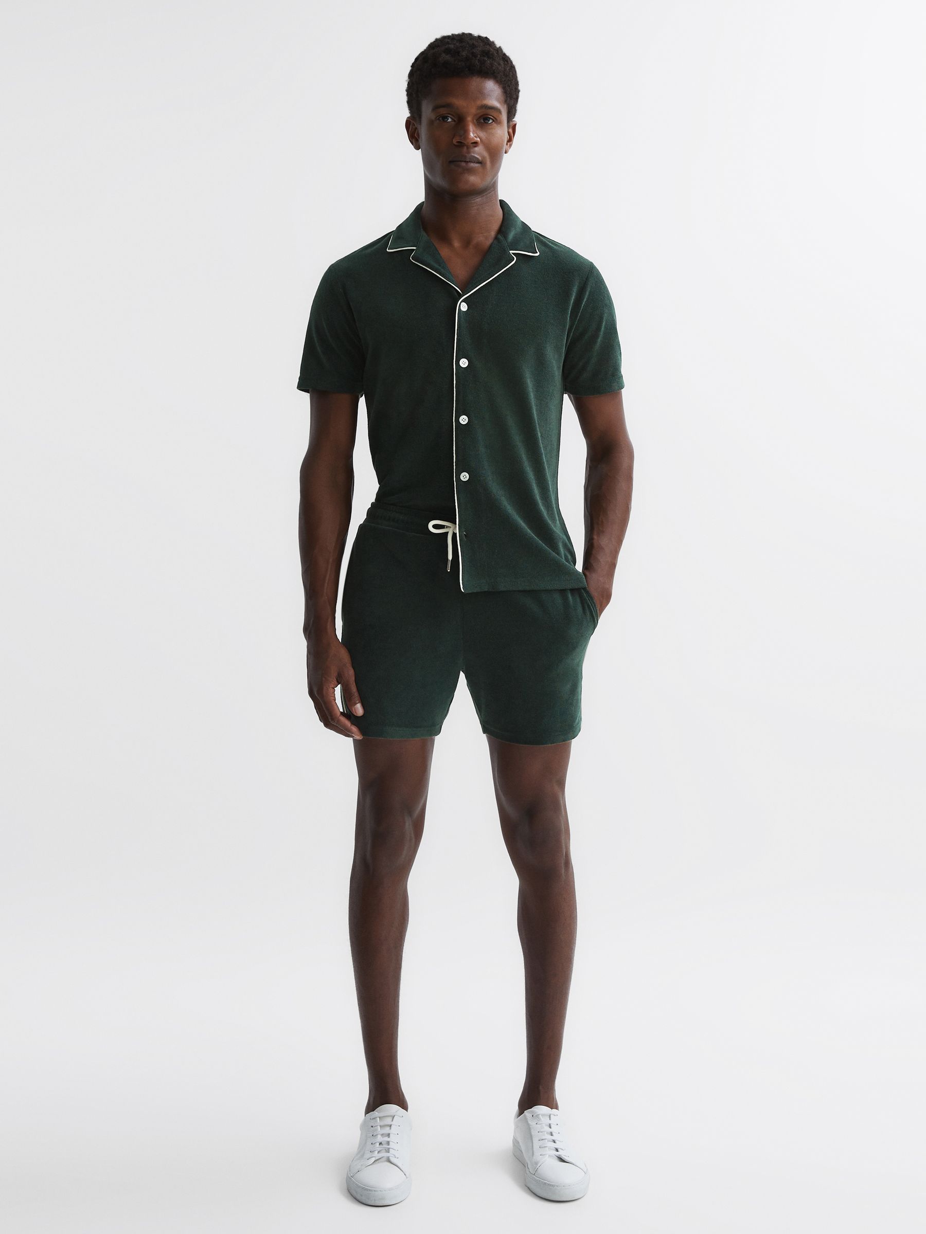 Towelling Drawstring Shorts in Dark Green - Image 3 of 4