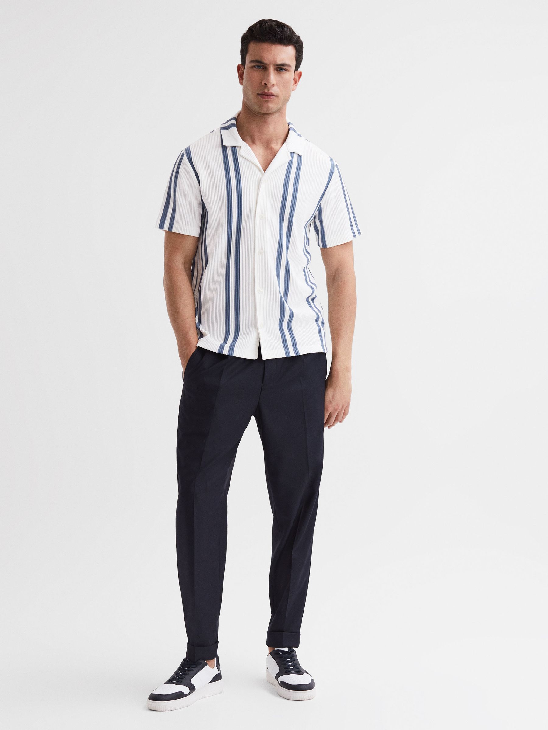 Ribbed Striped Cuban Collar Shirt in White/Air Force Blue - Image 3 of 5