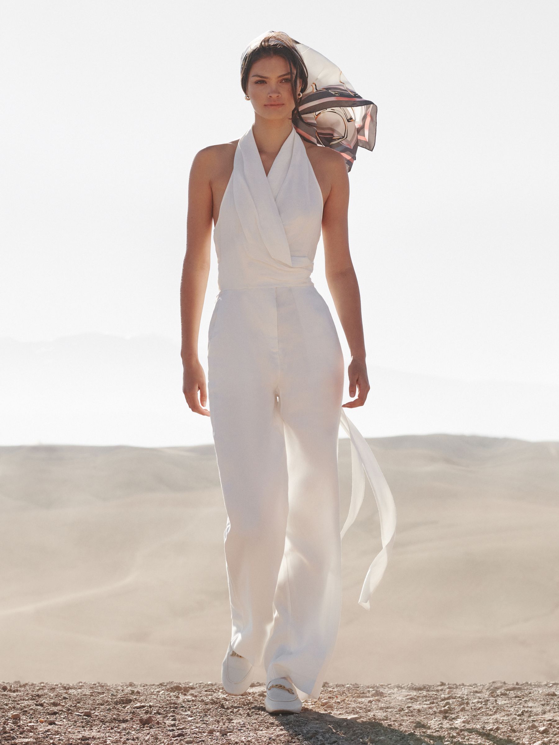 Halter Neck Linen Blend Jumpsuit in White - Image 1 of 7