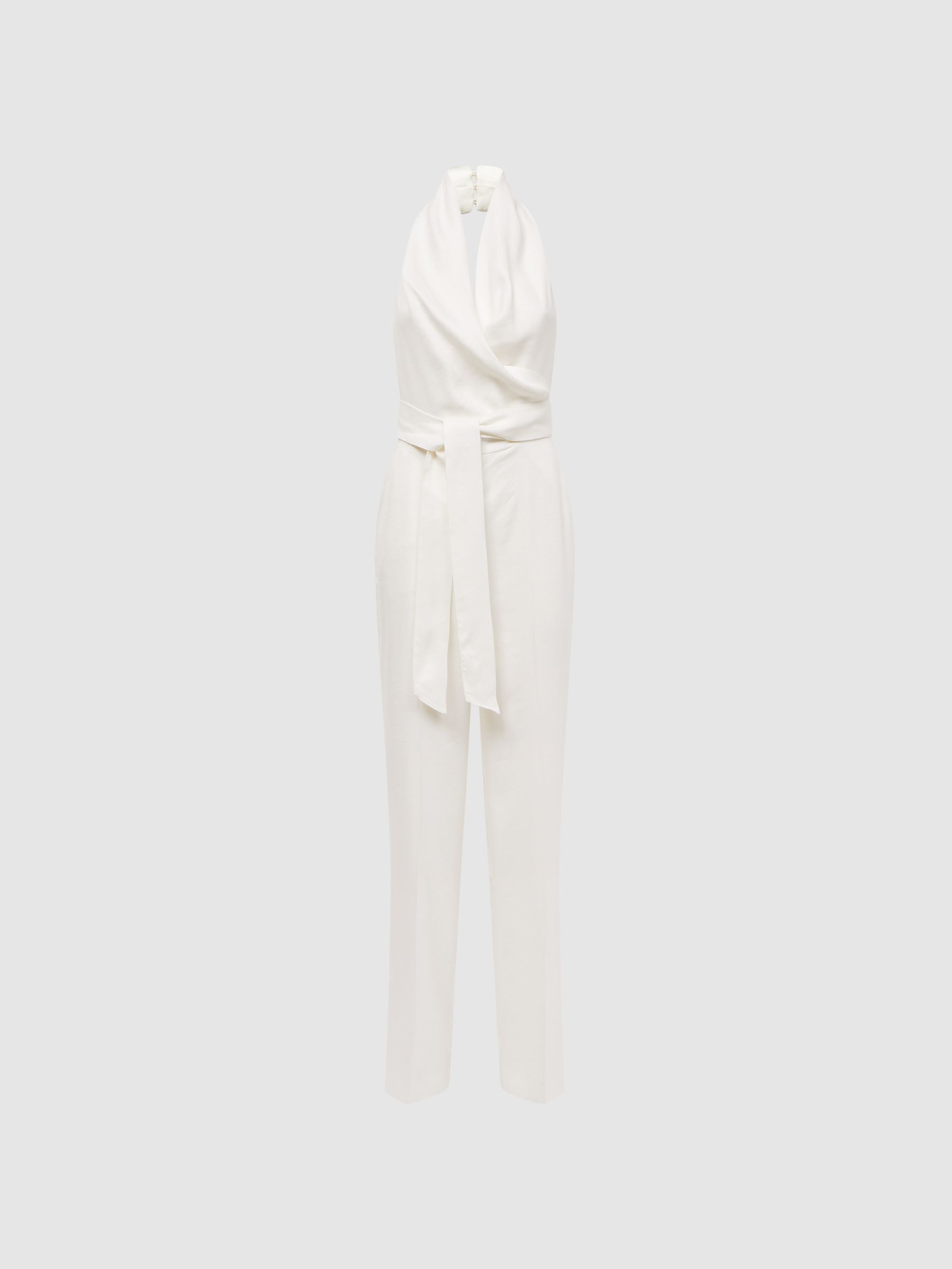 Halter Neck Linen Blend Jumpsuit in White - Image 2 of 7
