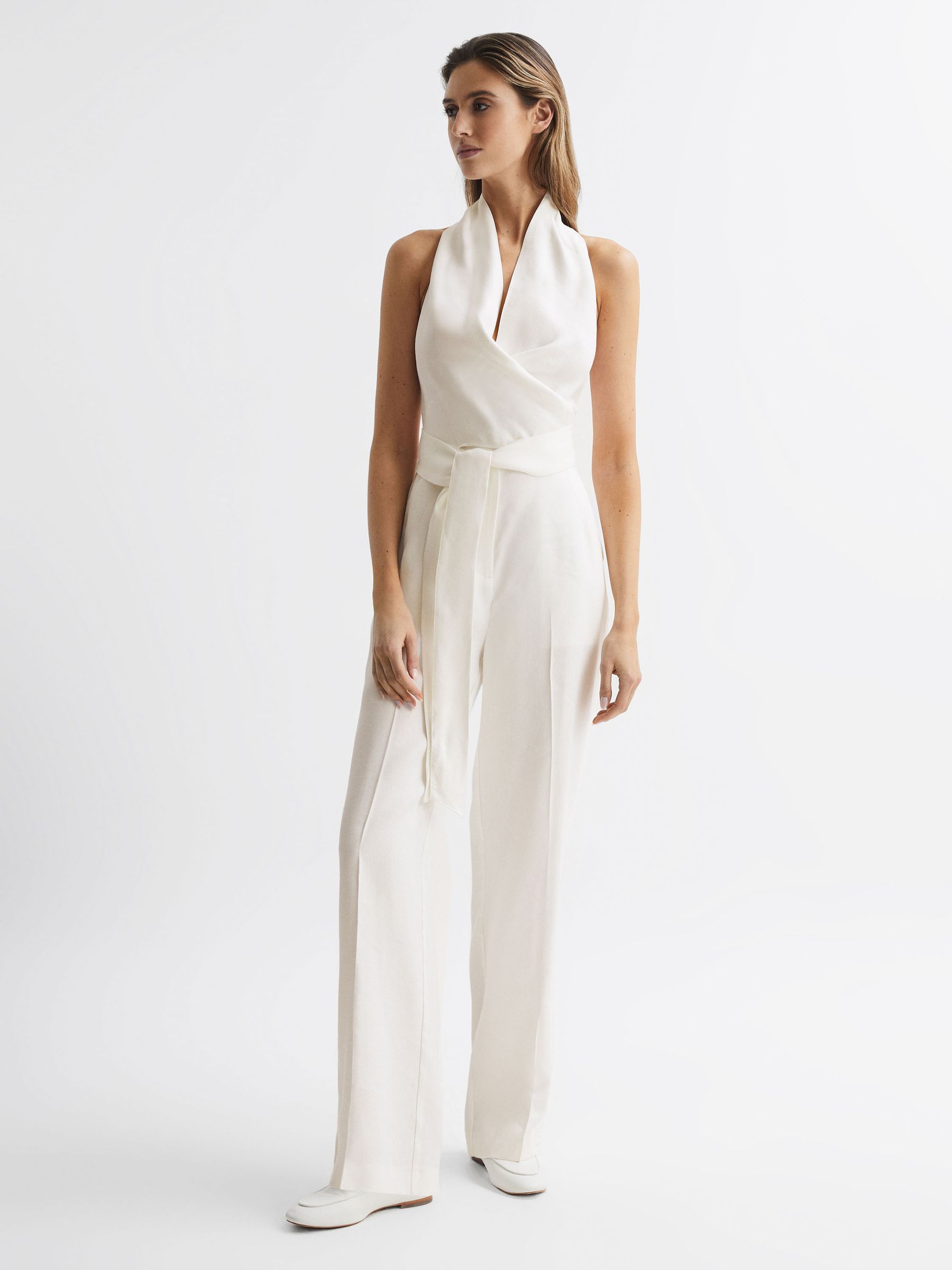 Halter Neck Linen Blend Jumpsuit in White - Image 6 of 7