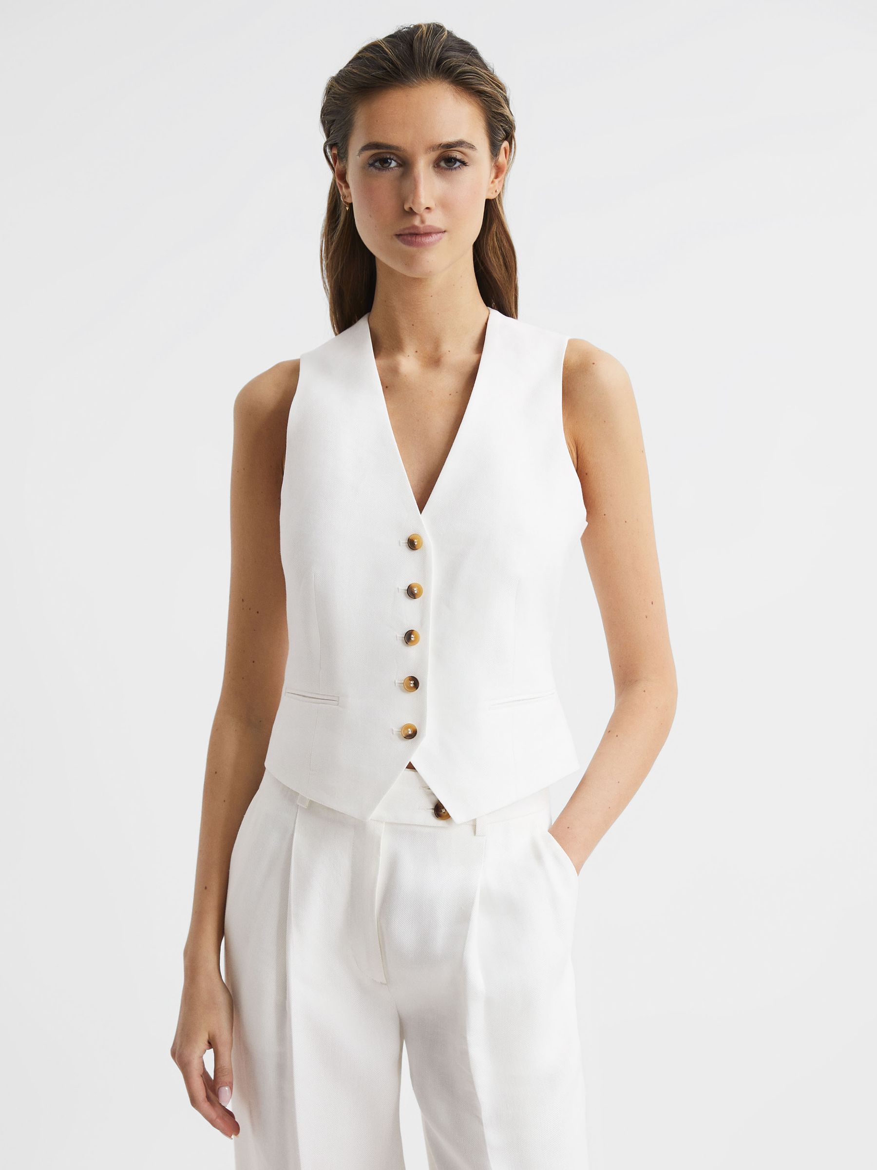 Reiss Linen Tailored Waistcoat in White | REISS