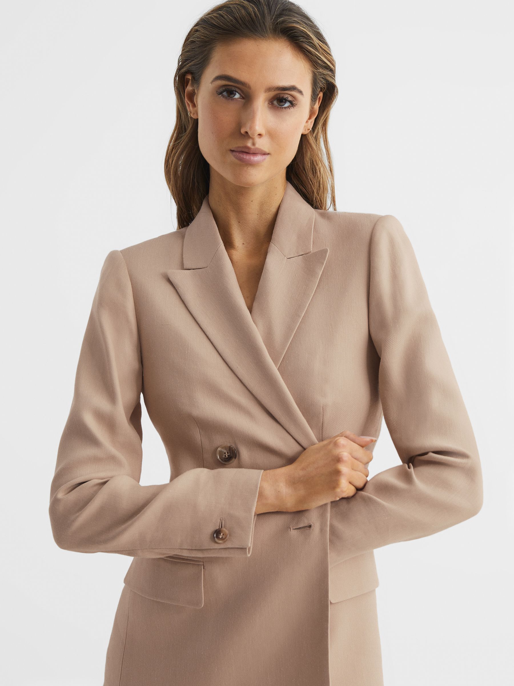 Double Breasted Linen Blazer in Neutral - Image 7 of 8