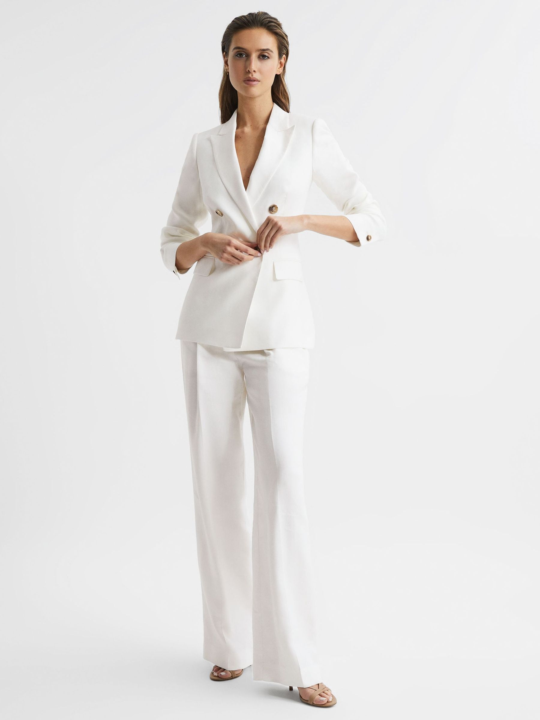 Double Breasted Linen Blazer in White - Image 6 of 9
